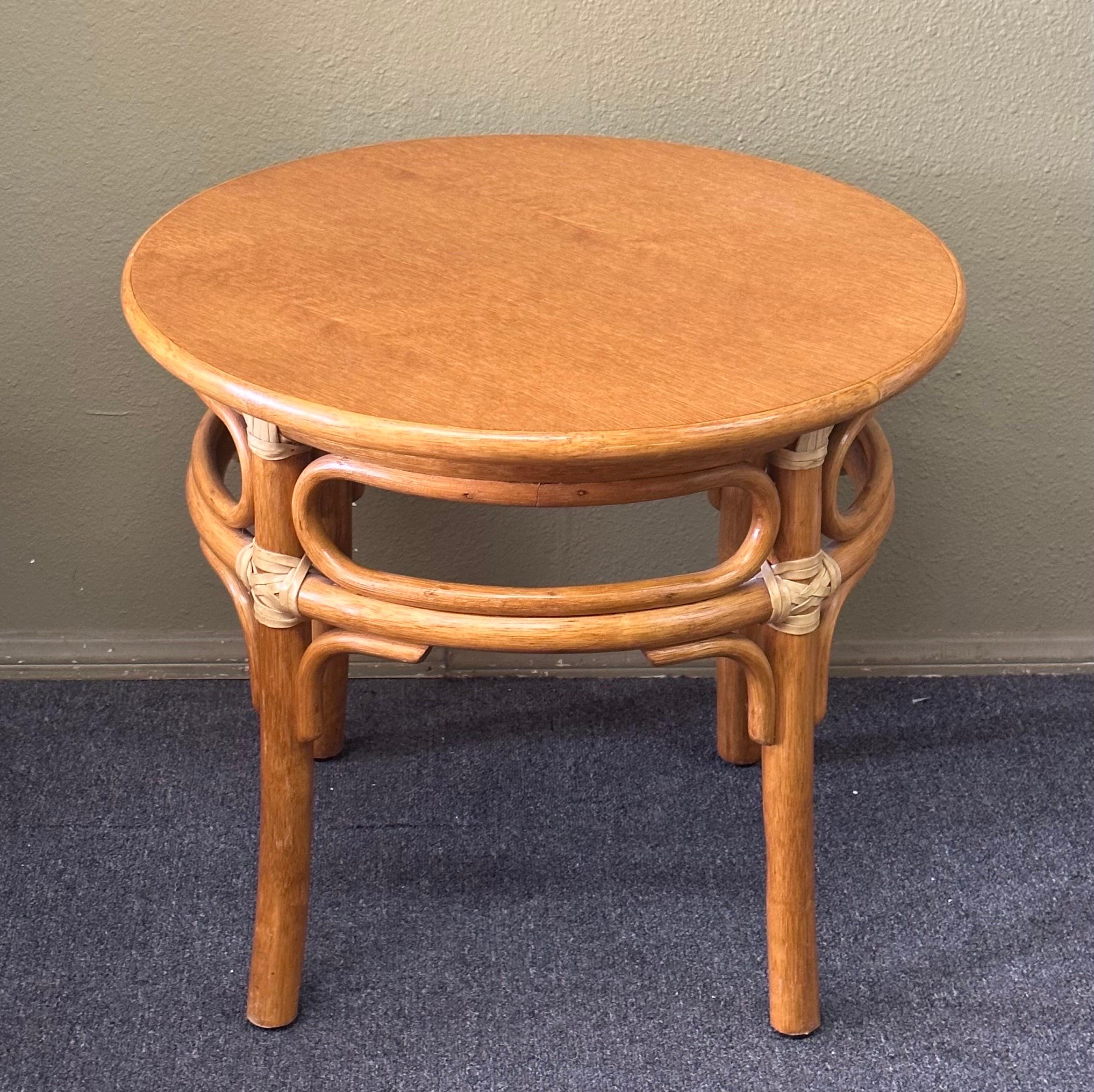 Oak & Rattan Round Side Table by McGuire Furniture Co.  In Good Condition For Sale In San Diego, CA