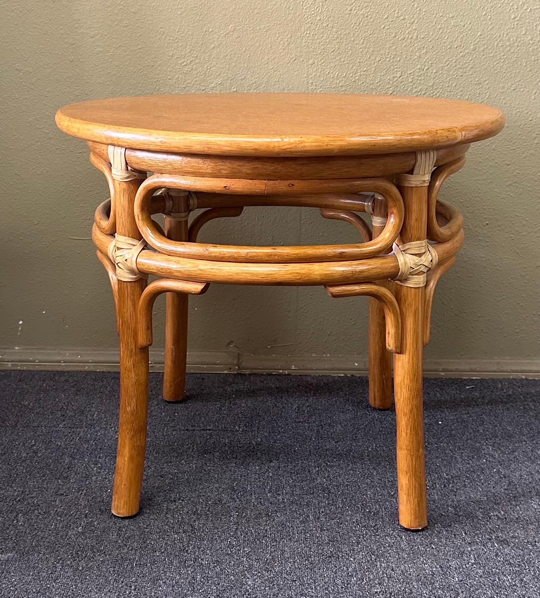 Leather Oak & Rattan Round Side Table by McGuire Furniture Co.  For Sale