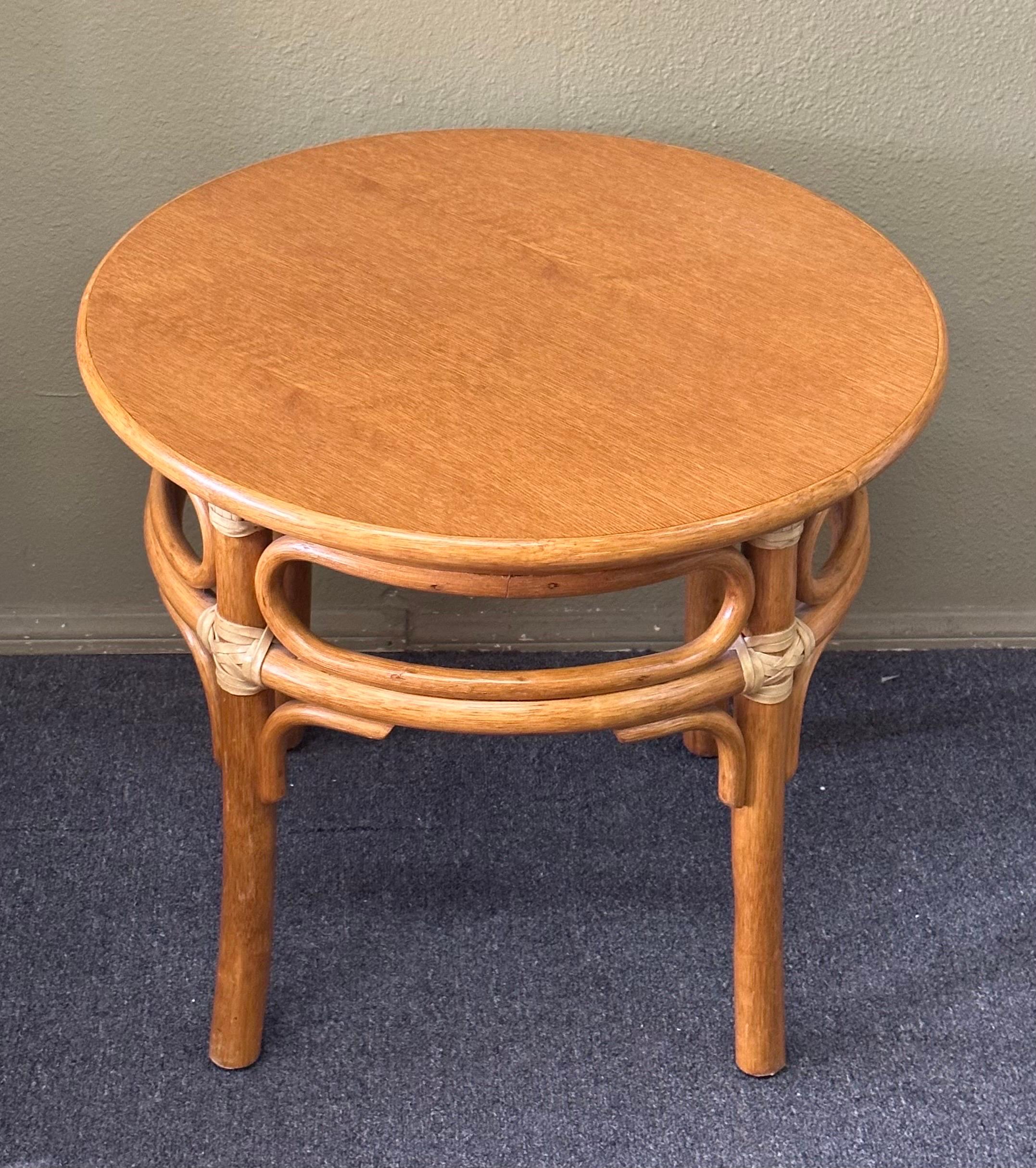 Leather Oak & Rattan Round Side Table by McGuire Furniture Co.  For Sale