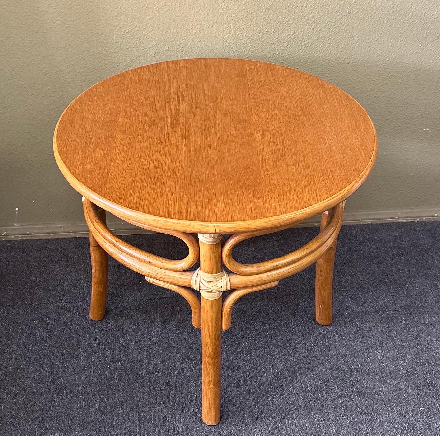 Oak & Rattan Round Side Table by McGuire Furniture Co.  For Sale 1