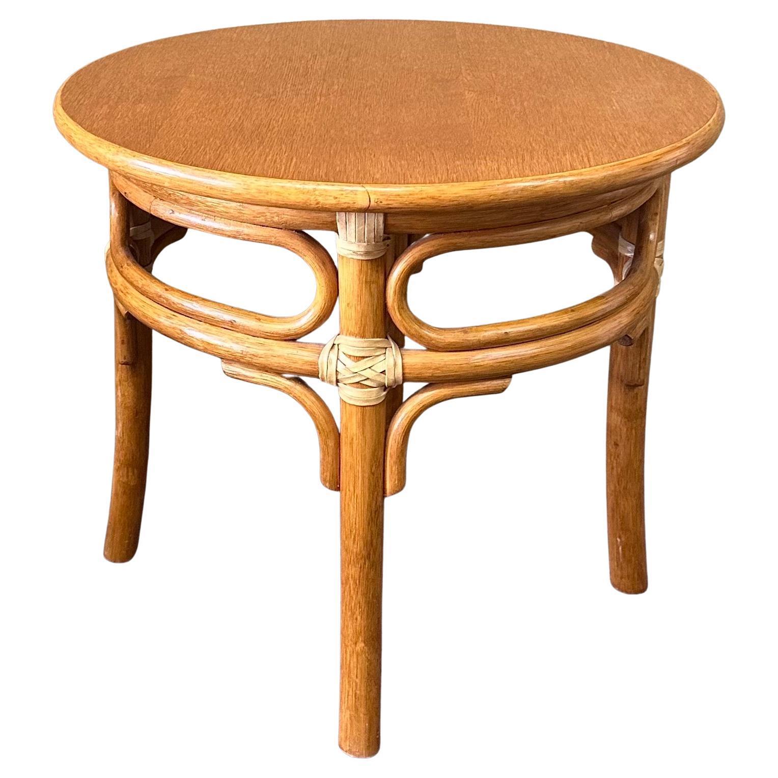 Oak & Rattan Round Side Table by McGuire Furniture Co. 