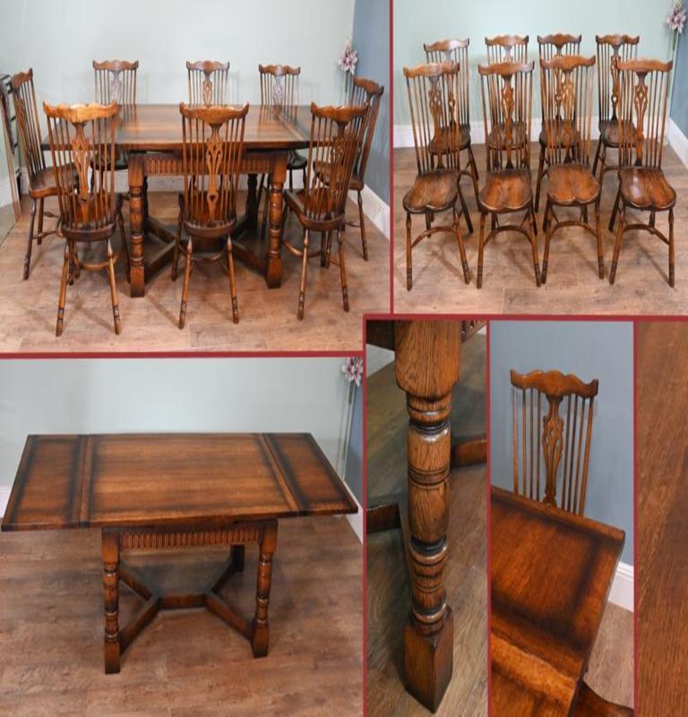 Oak Refectory Table and 8 Windsor Dining Chairs Kitchen Farmhouse Set For Sale