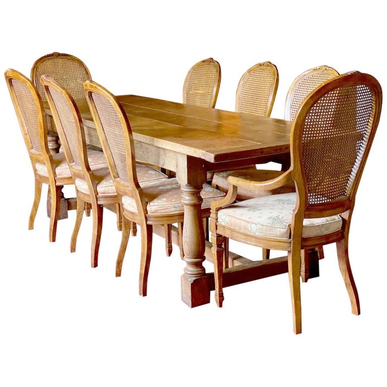 Oak Refectory Table and Eight Cane Back Dining Chairs Set 3 at 1stDibs