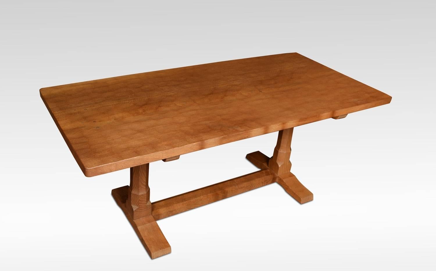 Oak refectory table by Peter “RABBITMAN” Heap, of Wetwang Yorkshire, a former apprentice of Robert ‘Mouseman’ Thompson. The thick, adzed three-plank dowelled rectangular top has rounded edges in well figured oak. It is all standing on stepped