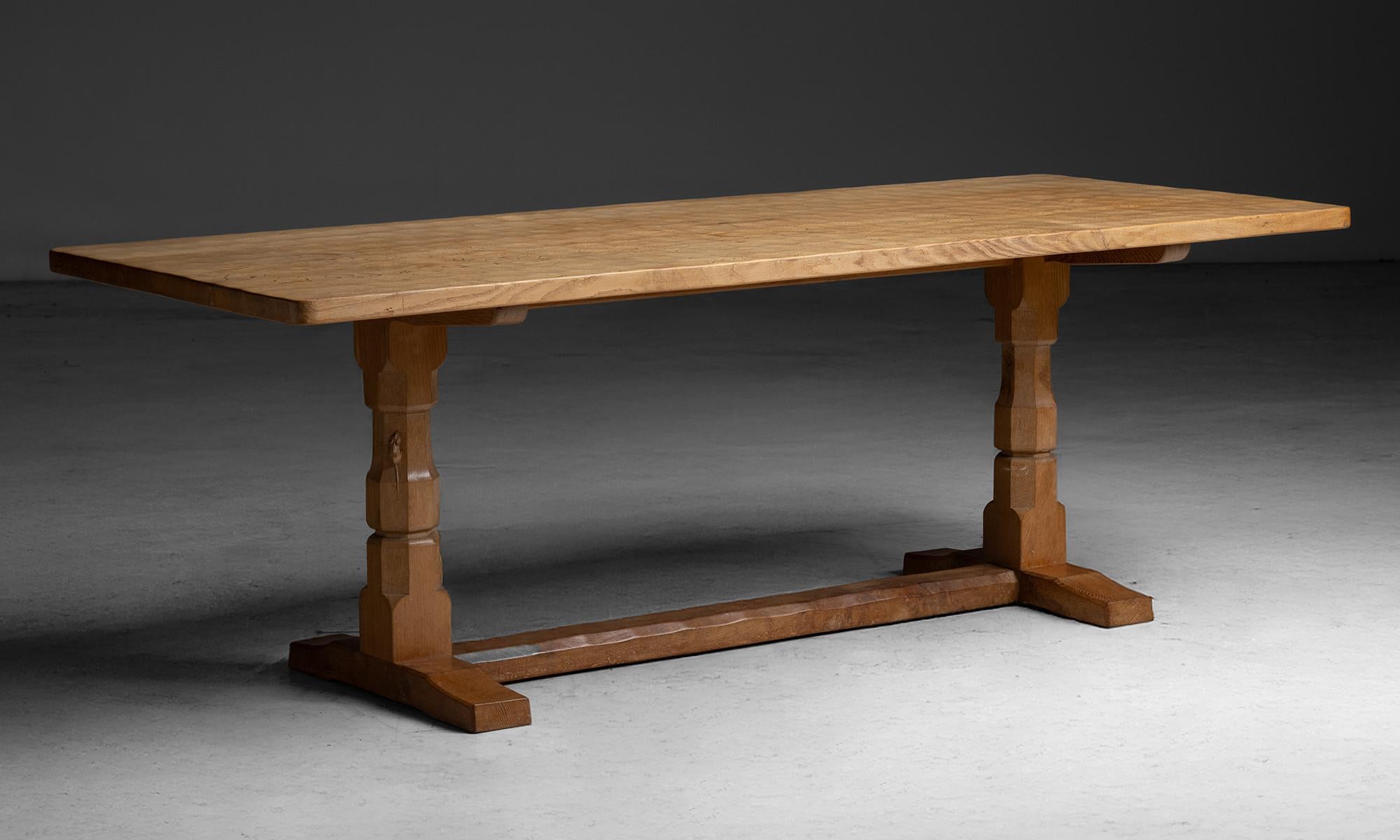 England, 1950
Constructed in solid oak with hand adzed top, carved mouse on leg of table, made by Robert “Mouseman” Thompson.
84”L x 34”d x 28.75”h
Ref. TABLE1321
$ 9,200
