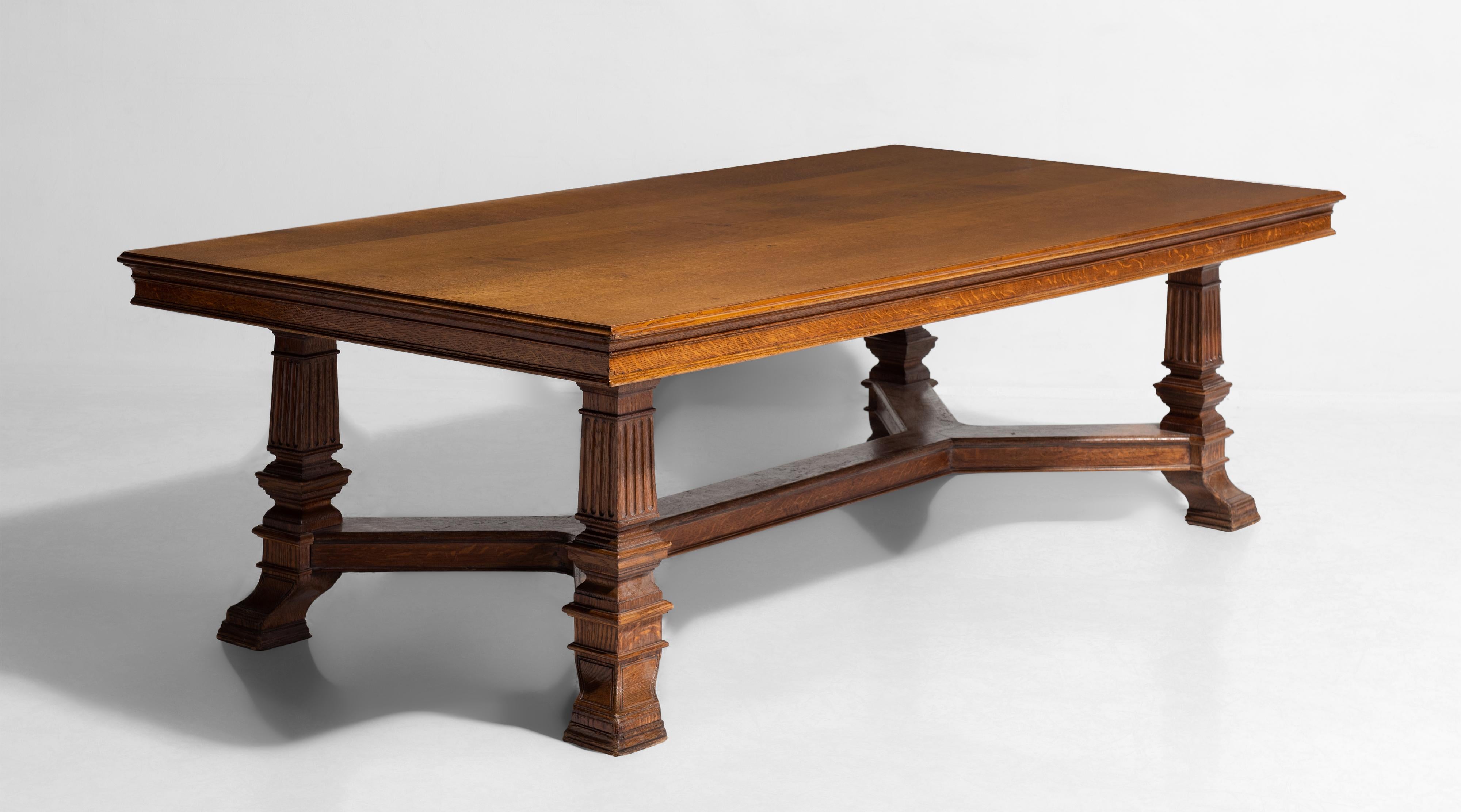 Octagonal oak table, England, circa 1890

Finely carved English refectory table constructed in quarter sawn oak.

Measures: 95.5” W x 51.5” D x 29.5” H x 25.25” apron.