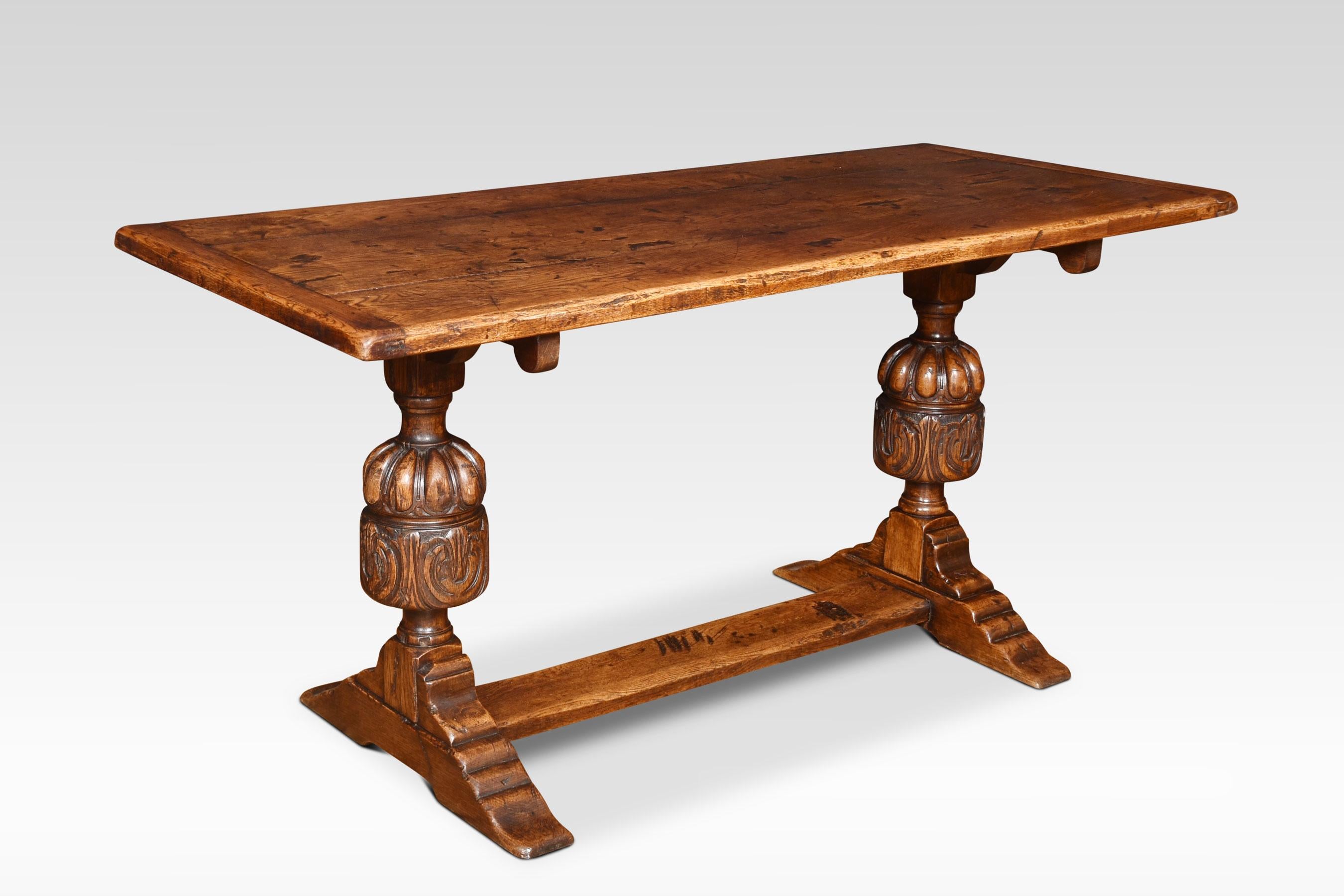 Oak refectory table, the rectangular solid oak top. Above carved bulbous cup and cover supports united by a stretcher.
Dimensions
Height 29.5 Inches
Width 61 Inches
Depth 27 Inches.