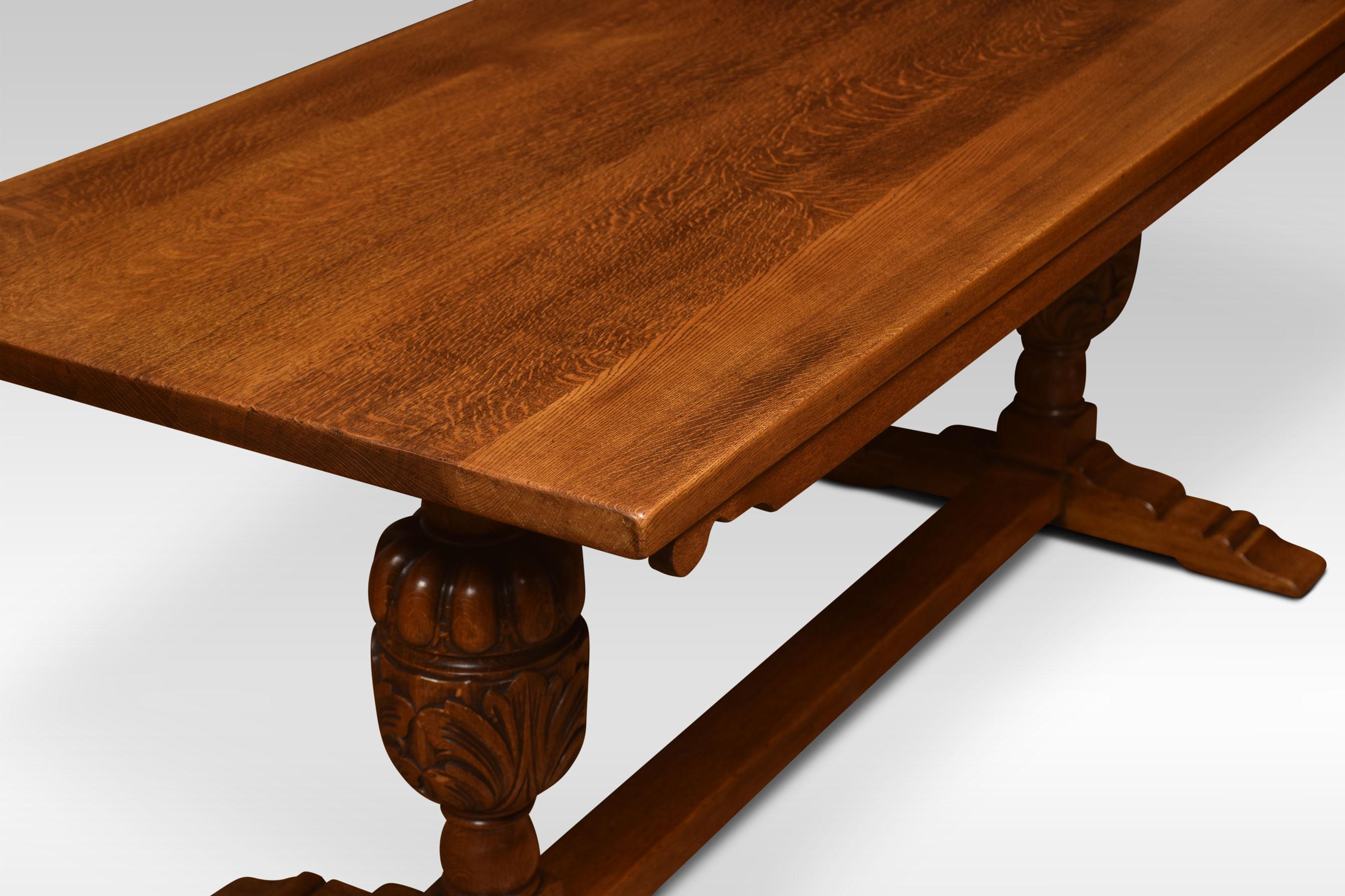 Oak refectory table, the rectangular solid oak top. Above carved bulbous cup and cover supports united by a stretcher.
Dimensions
Height 29.5 inches
Width 72 inches
Depth 29.5 inches.