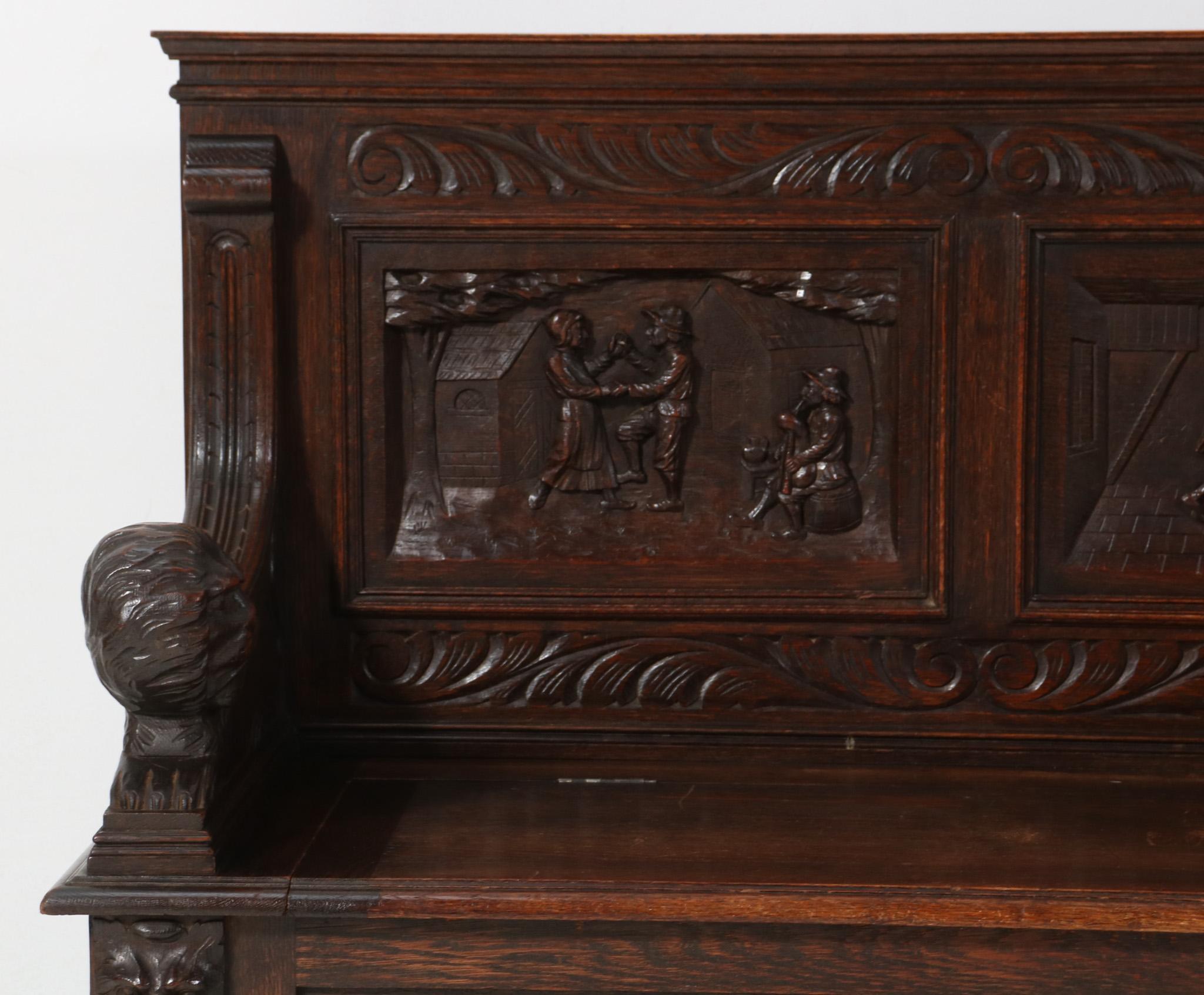 Oak Renaissance Revival Hall Bench with Hand-Carved Lions, 1890s For Sale 6