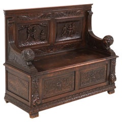 Antique Oak Renaissance Revival Hall Bench with Hand-Carved Lions, 1890s
