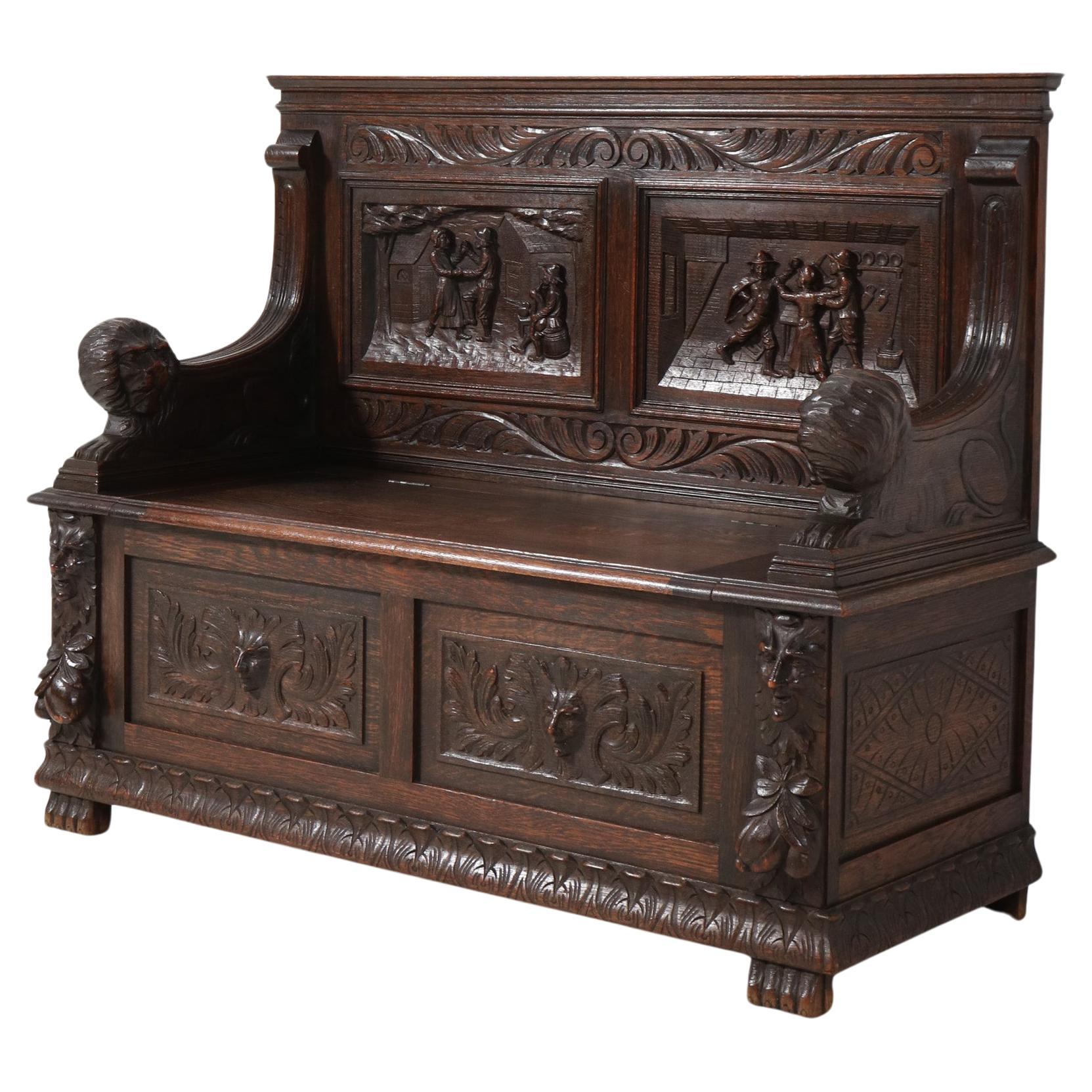 Oak Renaissance Revival Hall Bench with Hand-Carved Lions, 1890s