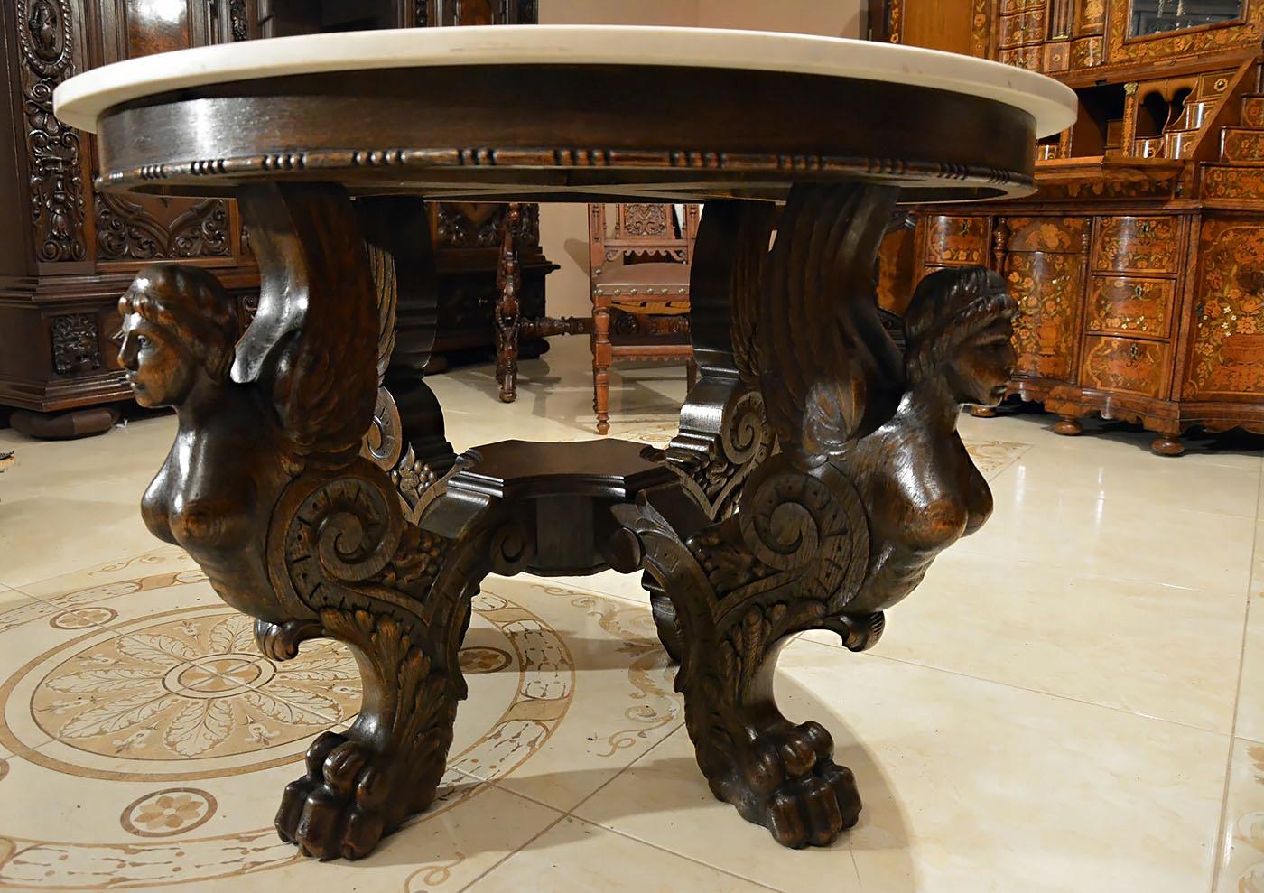 Oak Renaissance Revival Table with Marble Top, Beginning of 20th Century 8