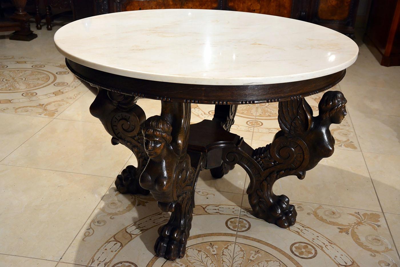 European Oak Renaissance Revival Table with Marble Top, Beginning of 20th Century