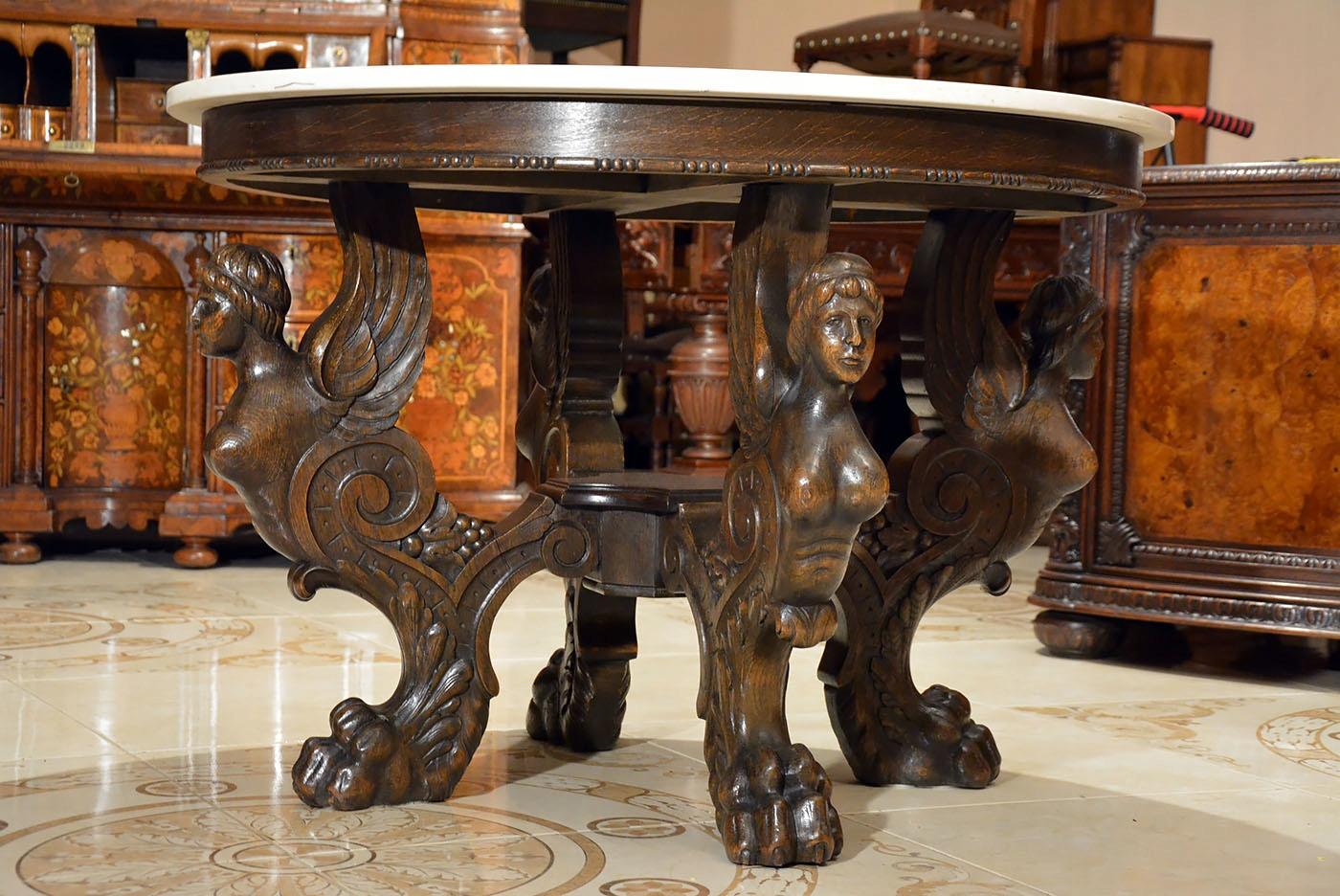 Oak Renaissance Revival Table with Marble Top, Beginning of 20th Century 1
