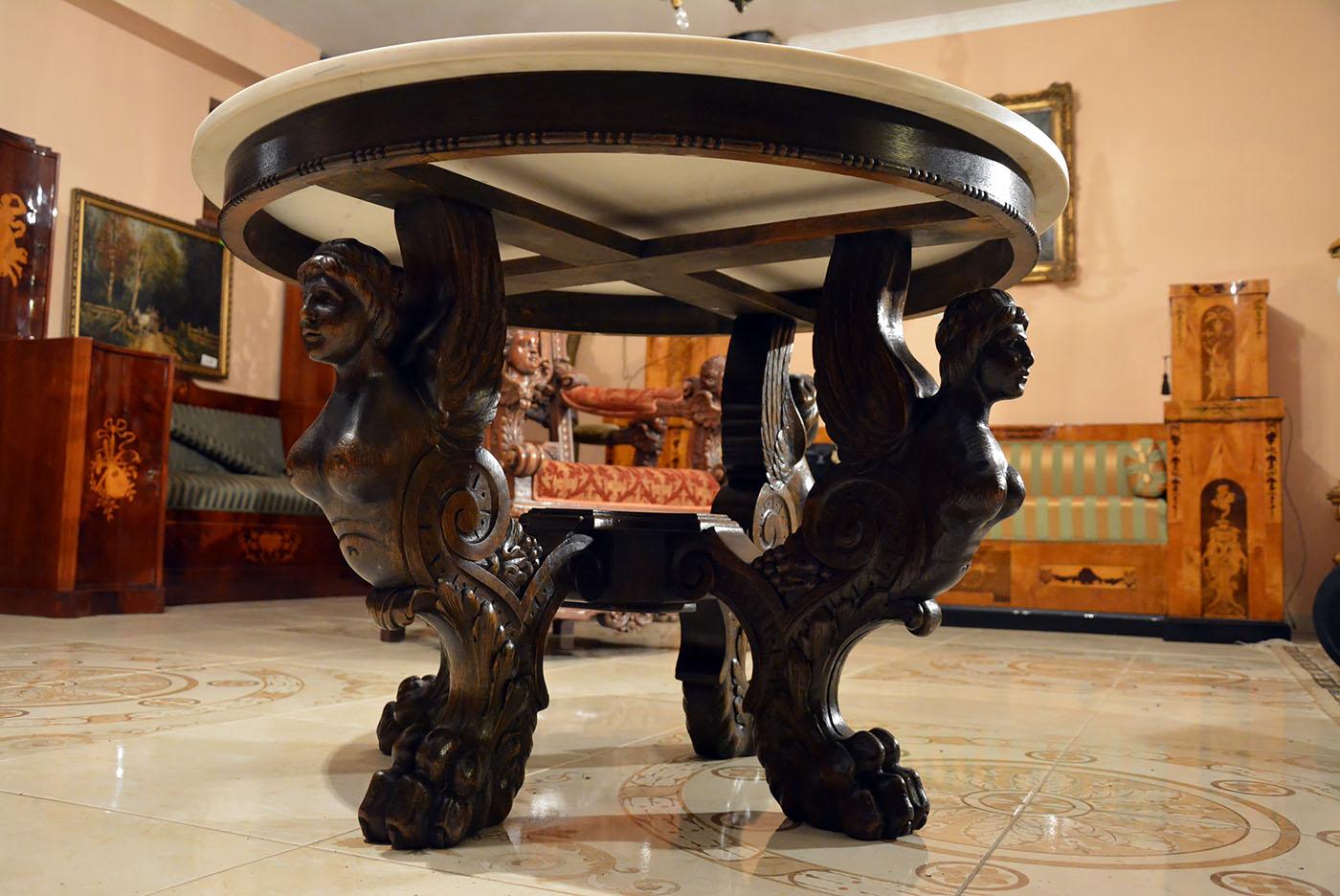 Oak Renaissance Revival Table with Marble Top, Beginning of 20th Century 4