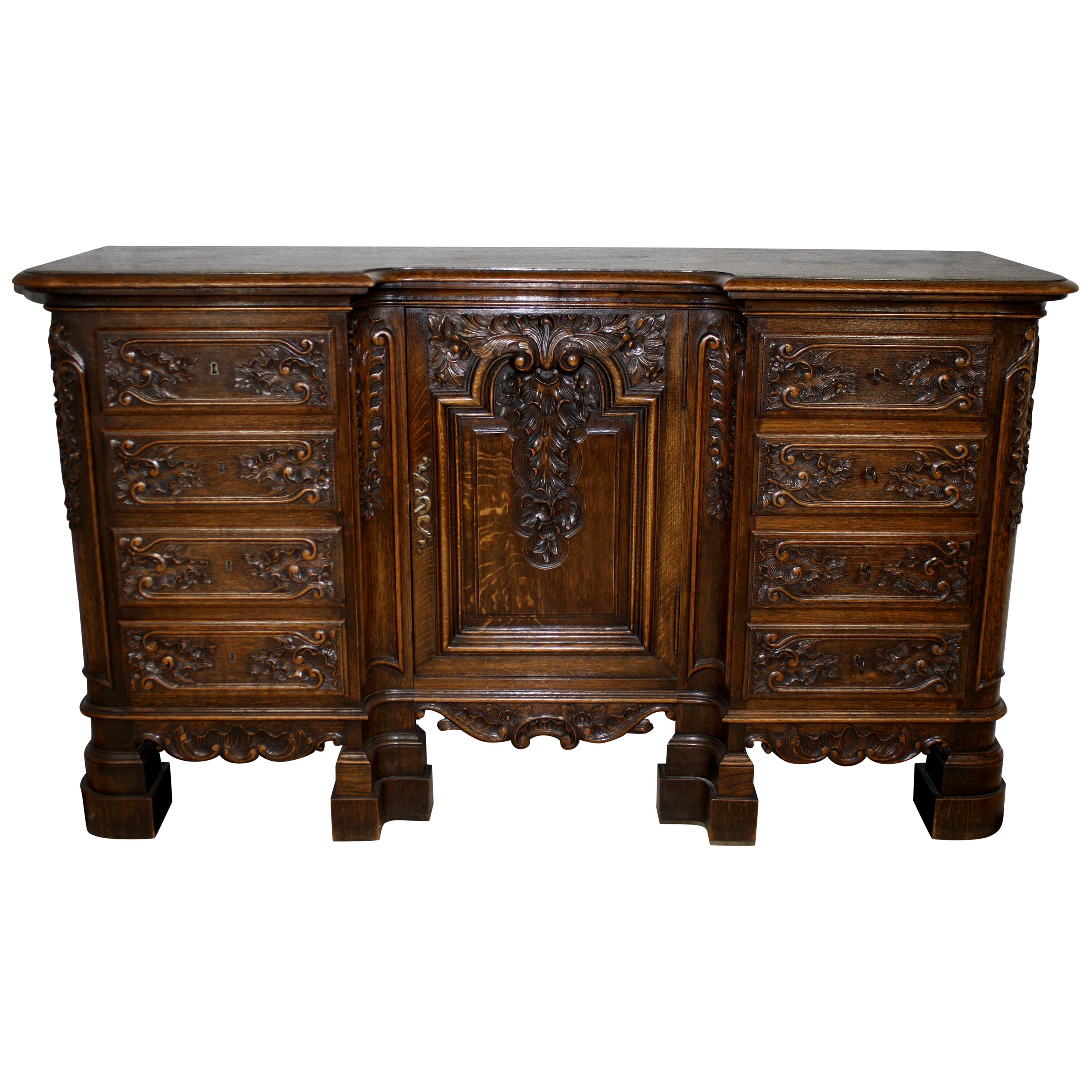 Oak Reverse Breakfront French Country Server, circa 1900 For Sale