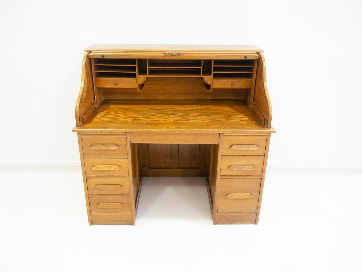 Edwardian Oak Roll Top Secretary Desk with Drawers For Sale