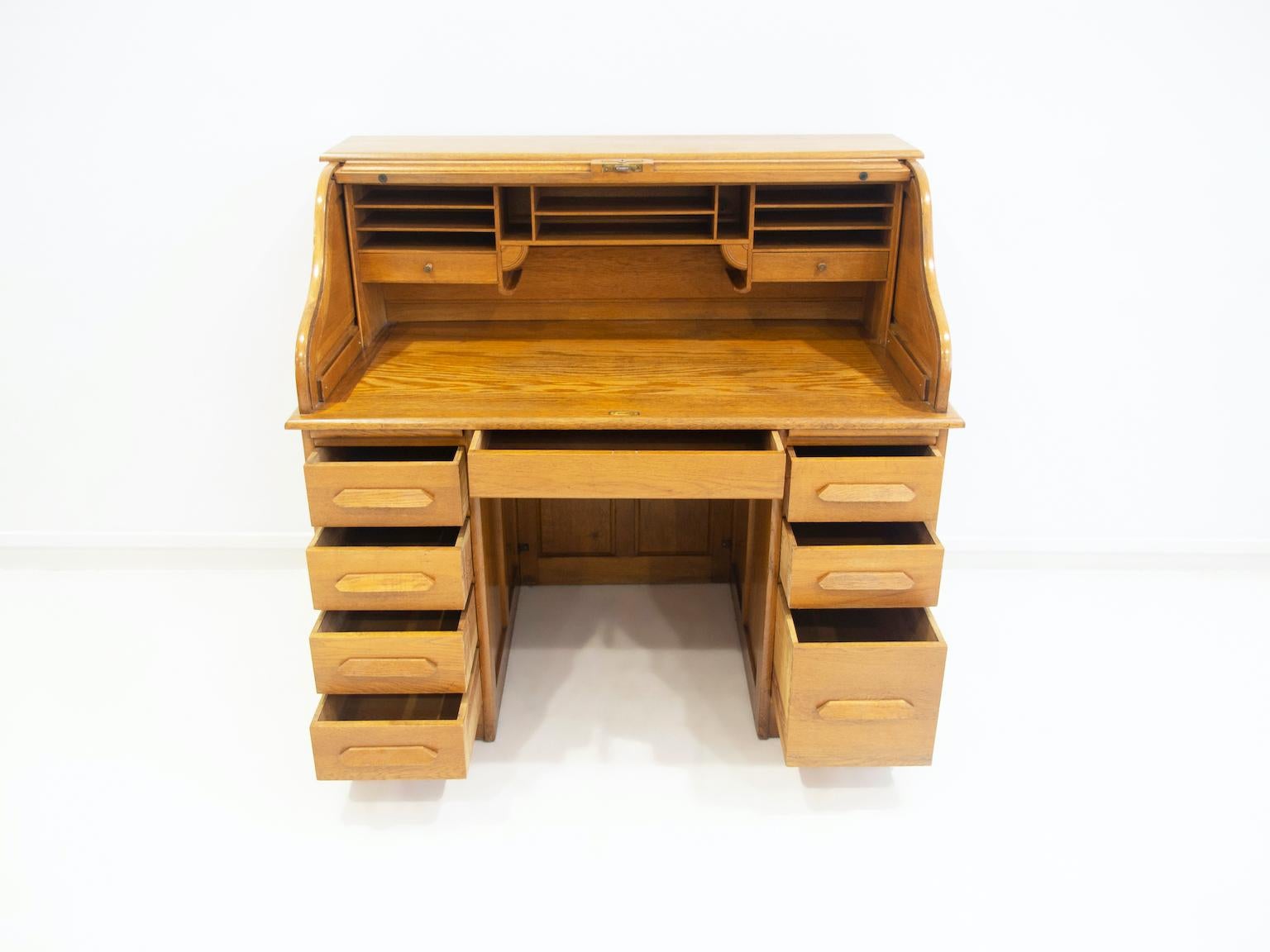 British Oak Roll Top Secretary Desk with Drawers For Sale