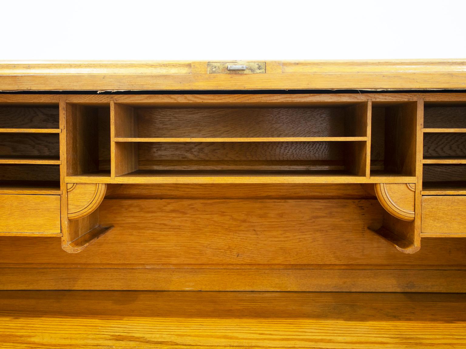 Oak Roll Top Secretary Desk with Drawers For Sale 1