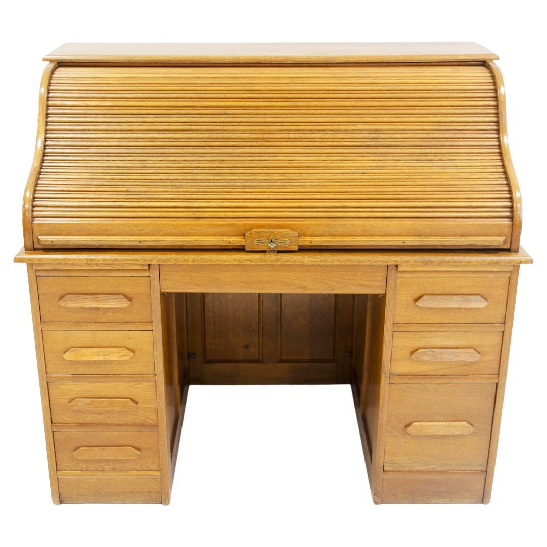 Oak Roll Top Secretary Desk with Drawers For Sale
