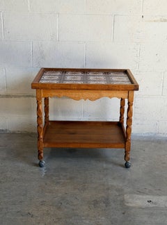 Oak Rolling Bar Cart Tile Top Serving Trolley Henning Kjaernulf Denmark 1960s