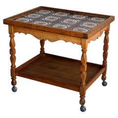 Oak Rolling Bar Cart Tile Top Serving Trolley Henning Kjaernulf Denmark 1960s