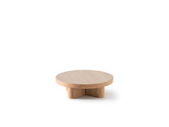 OAK Wood Round Coffee Table with Travertine Porcelain Top Ø 47.2 in x H 13.8 in