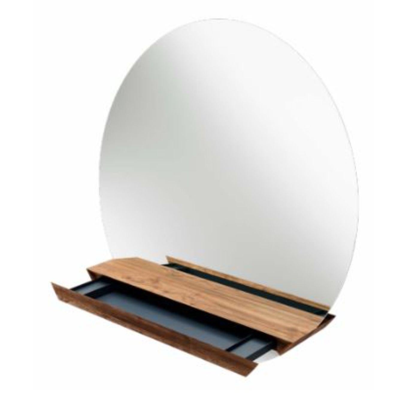 Oak round guillotine mirror by Jeffrey Huyghe.
Dimensions: D 30 x W 149.5 x H 149.5 cm.
Materials: Oak natural oiled, mirror.
Also available in different materials. 
 
Guillotine is designed with the IDEA in mind to keep your hallway clean and