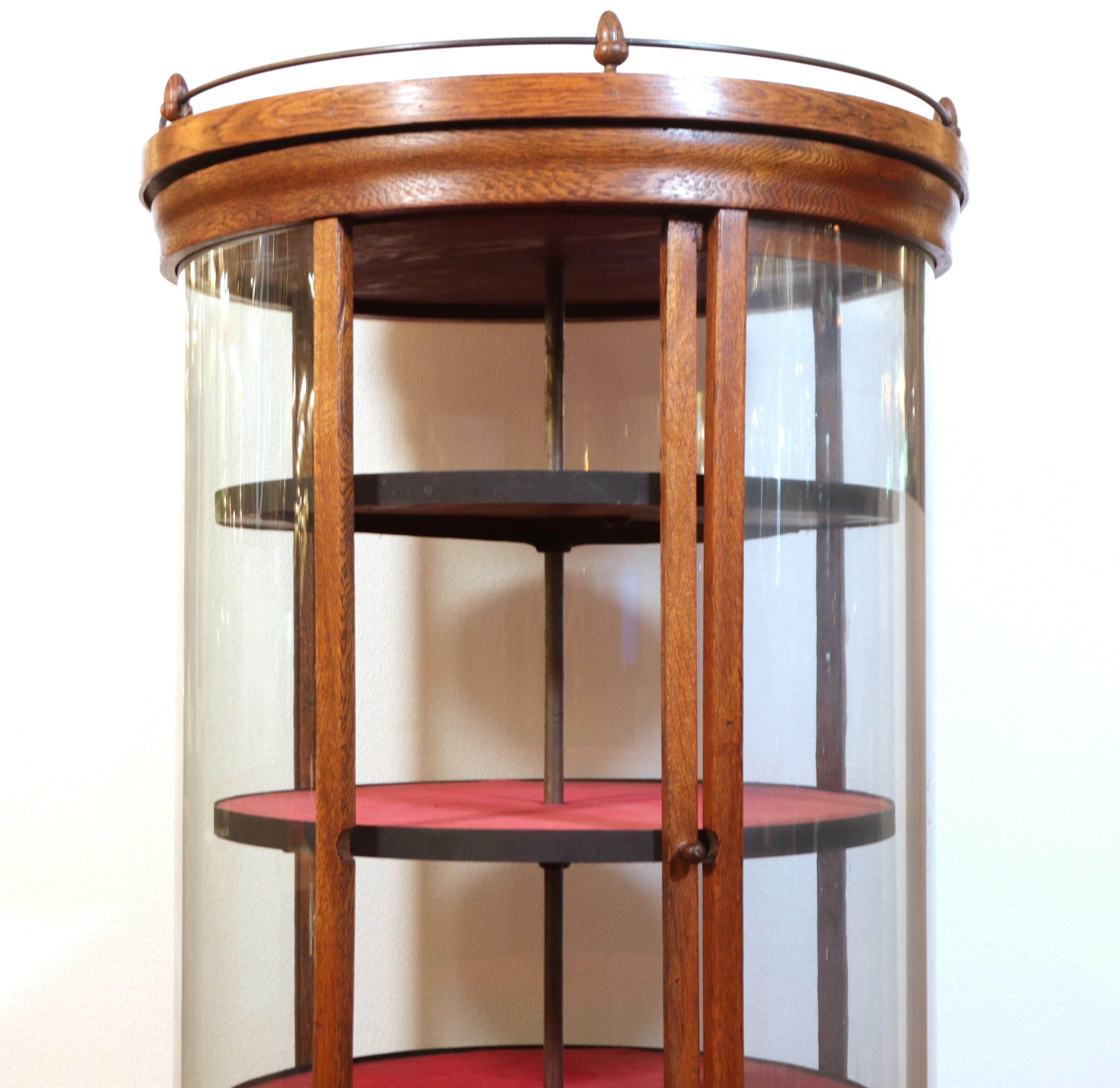Oak Round Revolving Display Case w/ 3 Shelves & Spindle Legs, Antique 4