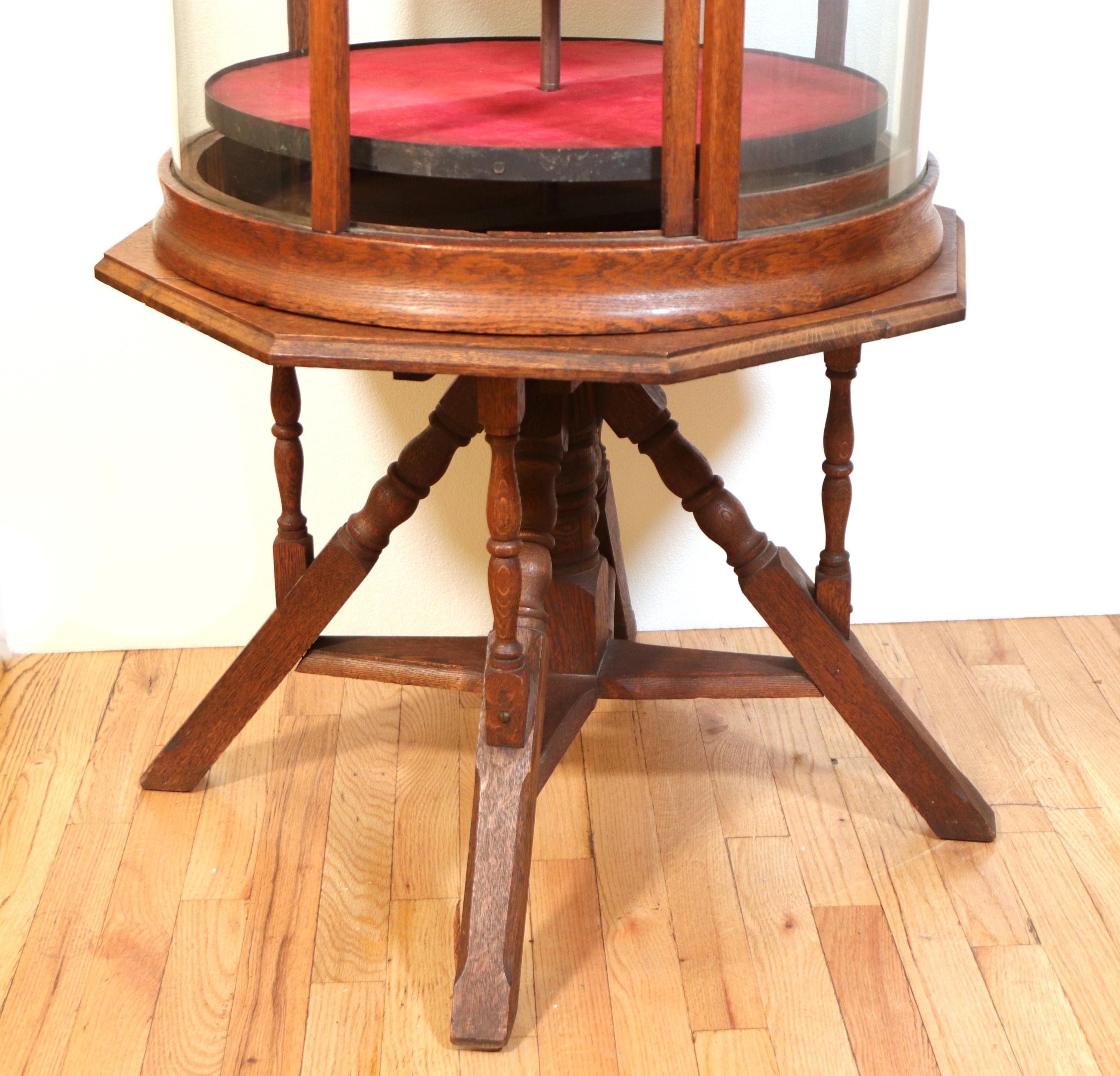 Oak Round Revolving Display Case w/ 3 Shelves & Spindle Legs, Antique 5