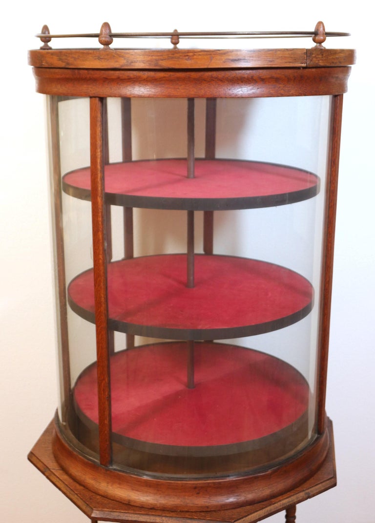 Oak Round Revolving Display Case w/ 3 Shelves and Spindle Legs, Antique