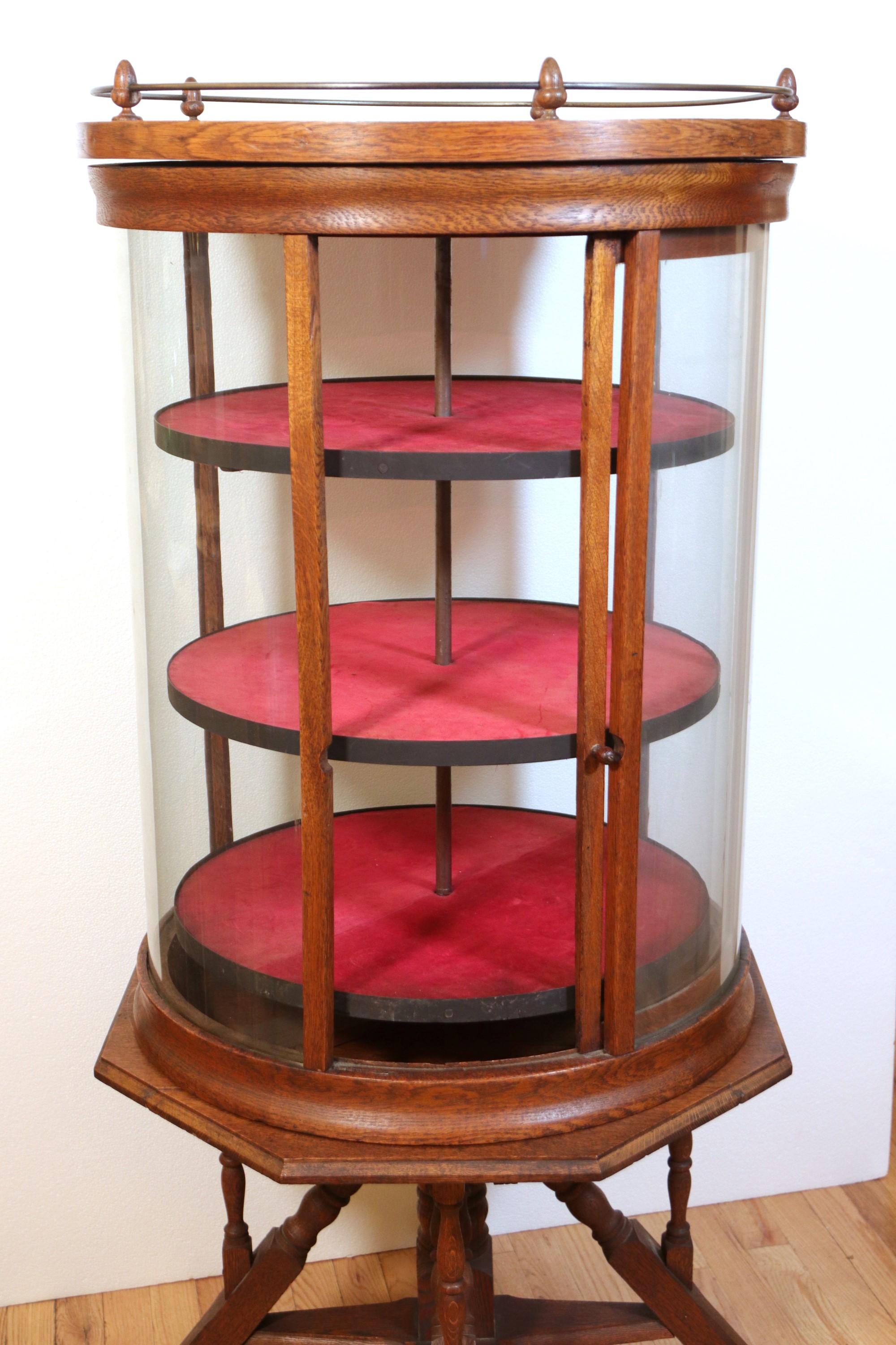 20th Century Oak Round Revolving Display Case w/ 3 Shelves & Spindle Legs, Antique