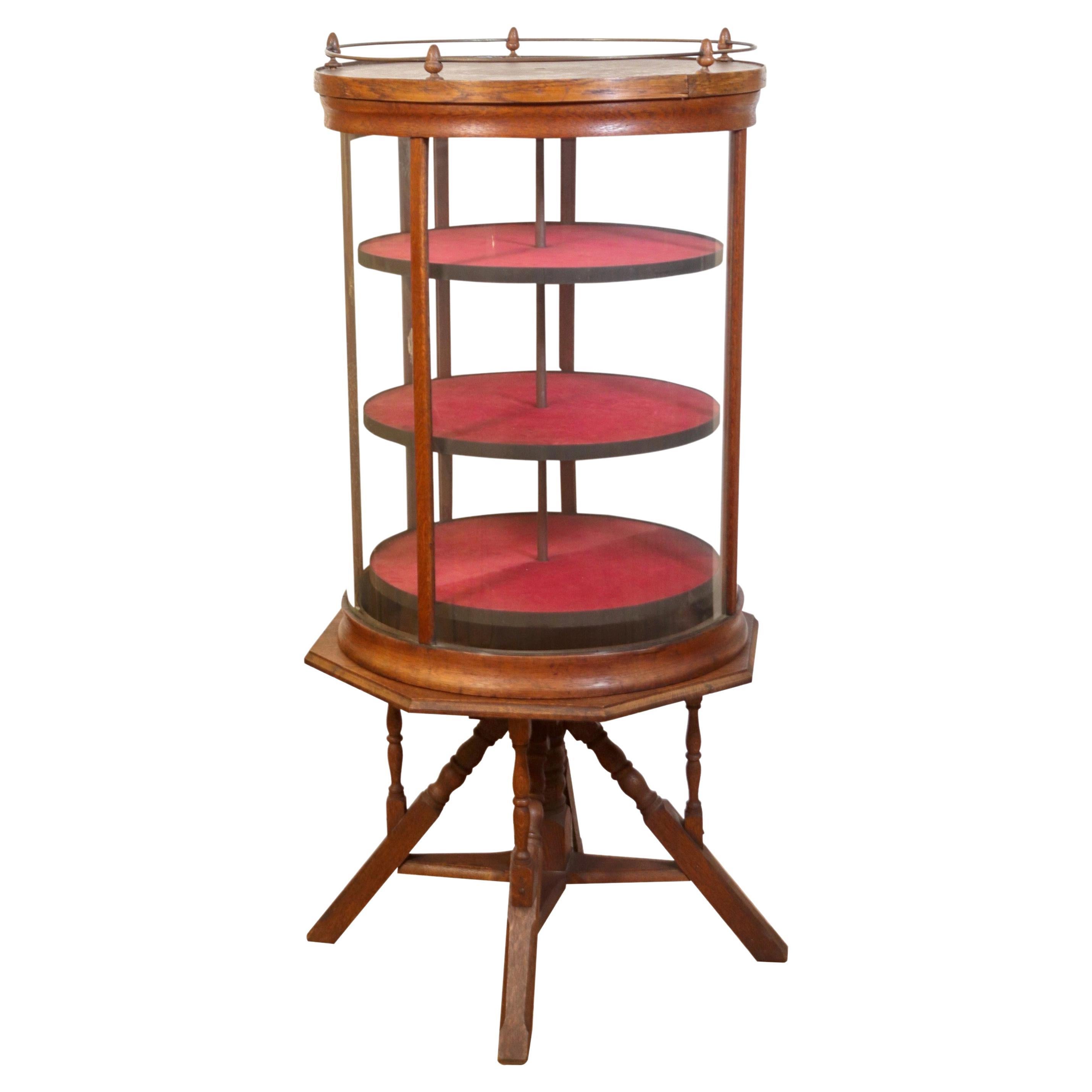 Oak Round Revolving Display Case w/ 3 Shelves & Spindle Legs, Antique