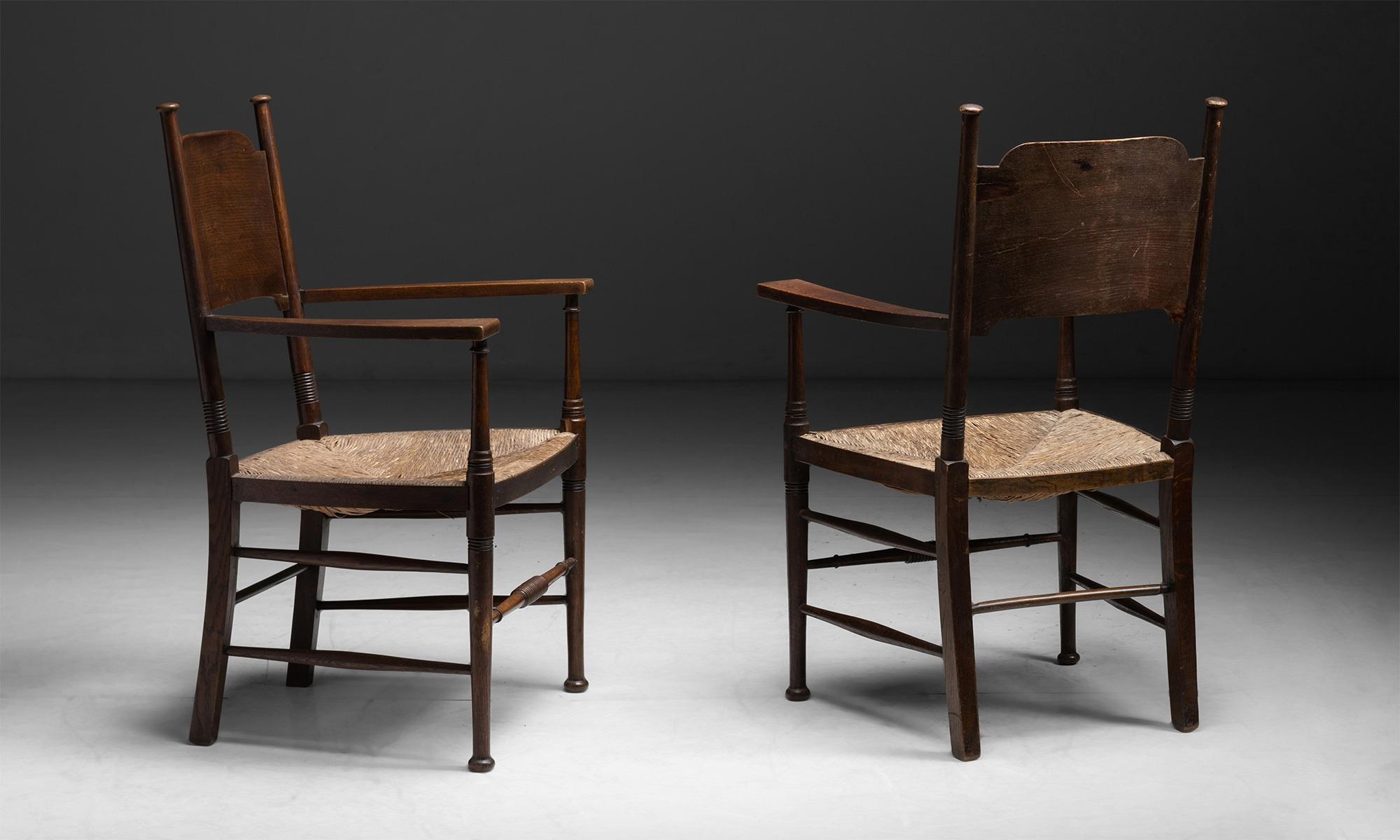 Oak & Rush Armchairs by William Birch England, circa 1890 In Good Condition In Culver City, CA