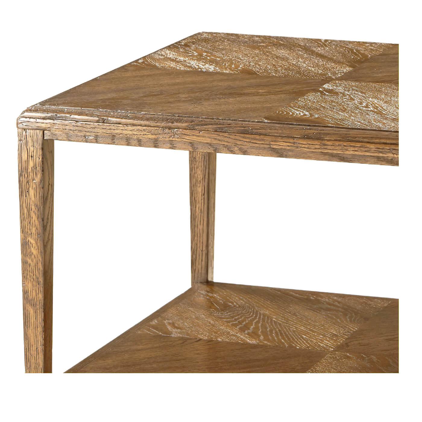 An oak parquetry rustic end table with parquetry patterned top and bottom tier with square tapered legs. 
Shown in dawn finish.
Dimensions: 24