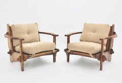 Oak Rustic Vintage Mid-Century Modern Lounge Chairs one Ottoman, France, 1950s