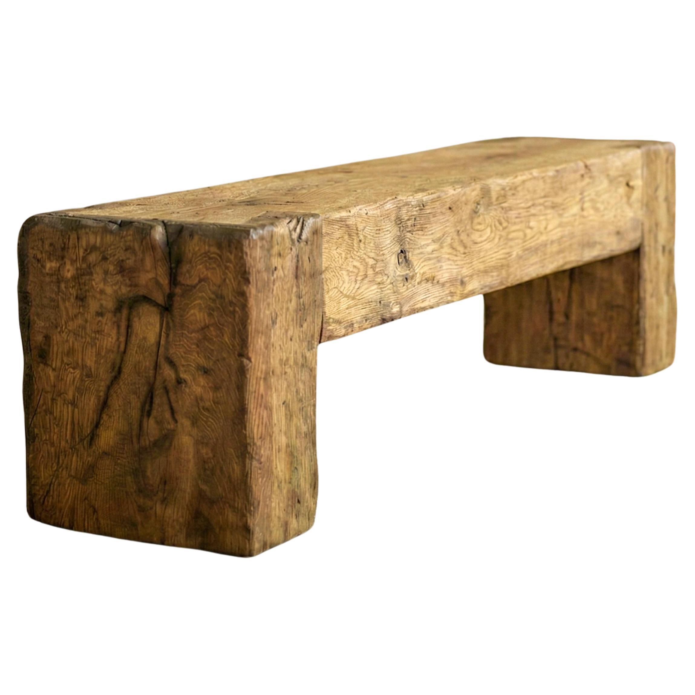 Oak Rustic Wabi-Sabi Brutalist Style Bench, Handcrafted Solid Oak Wood Bank