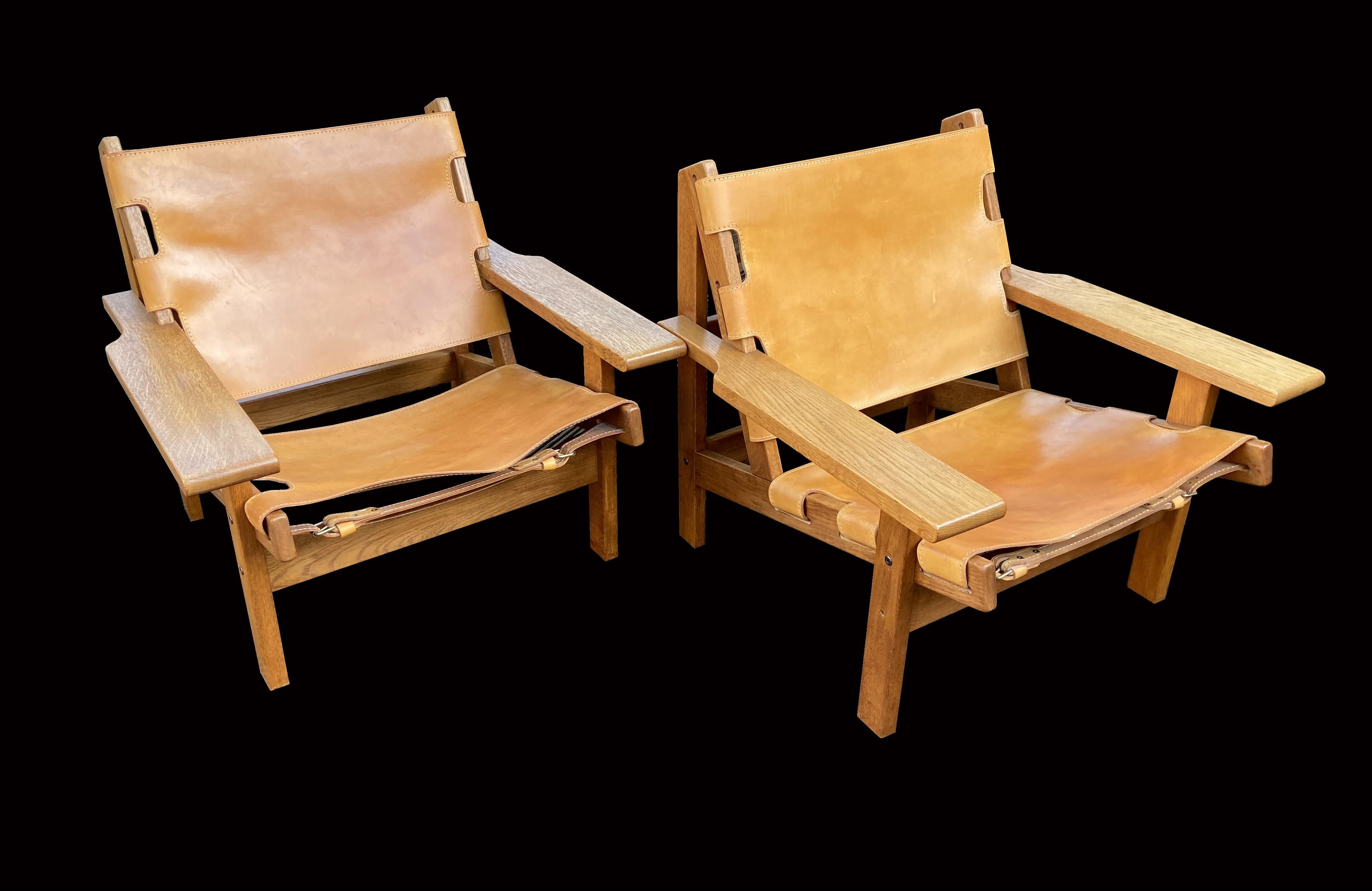 Scandinavian Modern Oak & Saddle Leather Hunting Chairs by Kurt Østervig for KP Møbler, Model 168