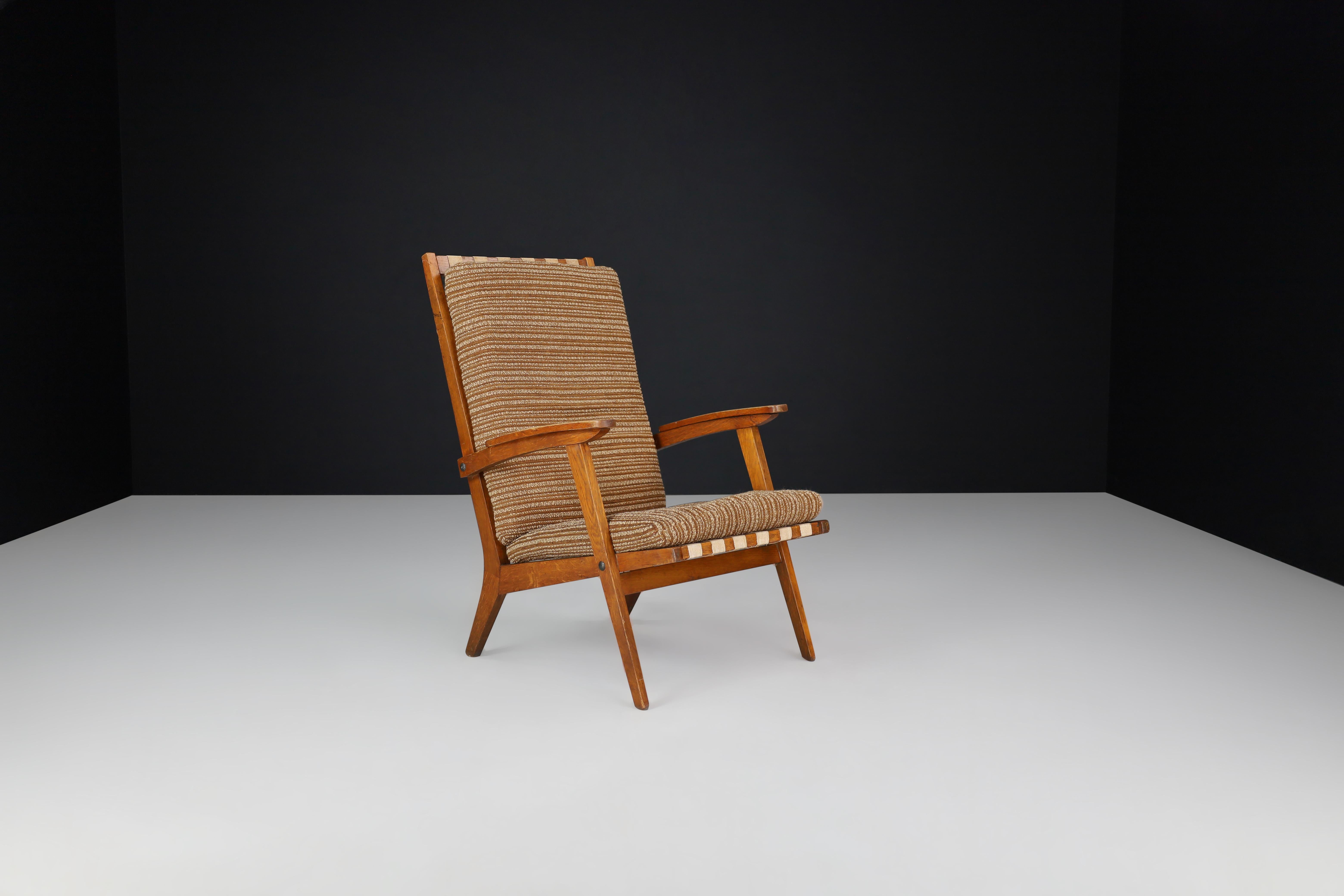 Oak Sculptural Lounge Chairs with Brown Upholstery, France, 1950s For Sale 4