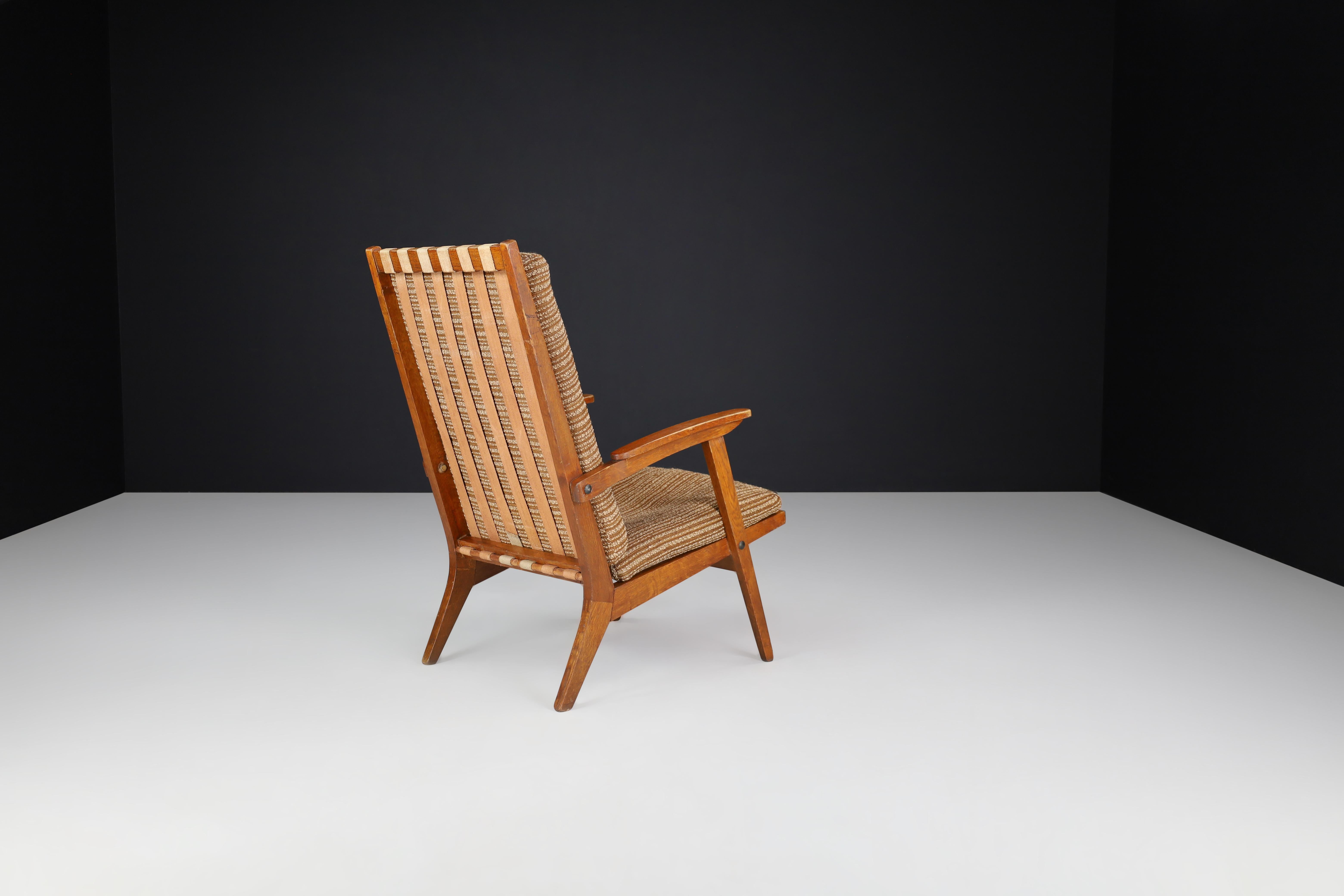 Oak Sculptural Lounge Chairs with Brown Upholstery, France, 1950s For Sale 5