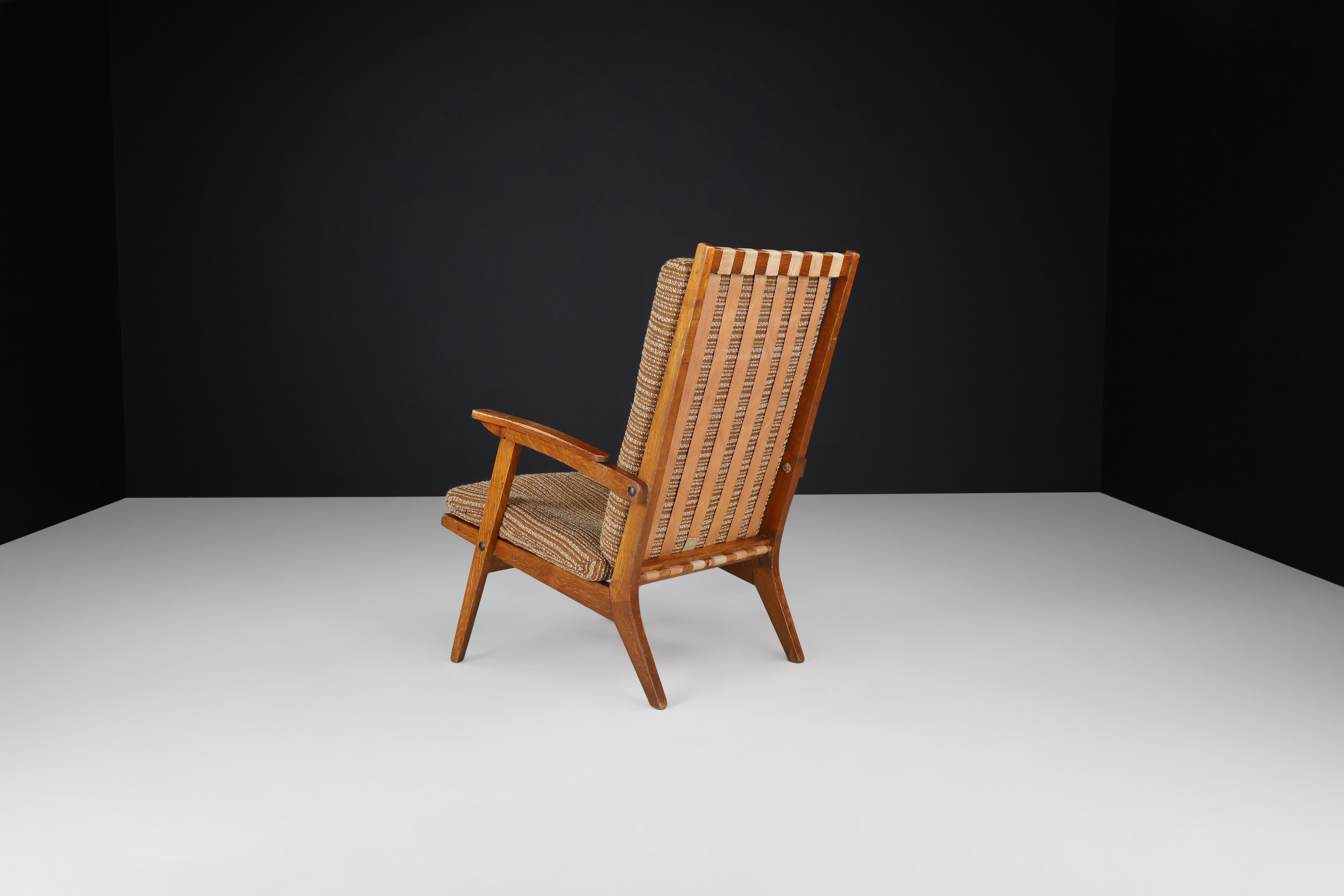 Oak Sculptural Lounge Chairs with Brown Upholstery, France, 1950s For Sale 7