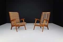 Oak Sculptural Lounge Chairs with Brown Upholstery, France, 1950s