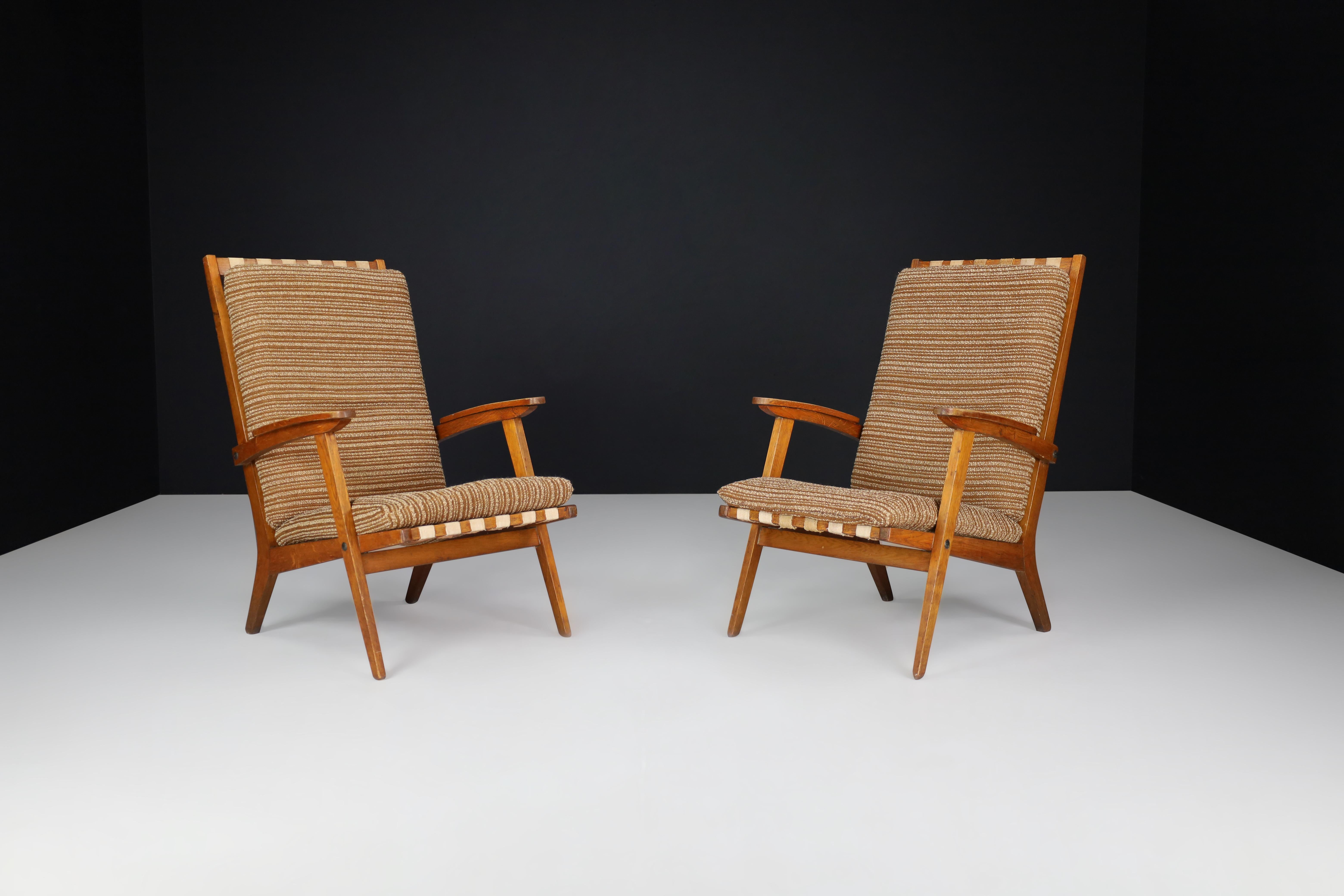 Mid-Century Modern Oak Sculptural Lounge Chairs with Brown Upholstery, France, 1950s For Sale