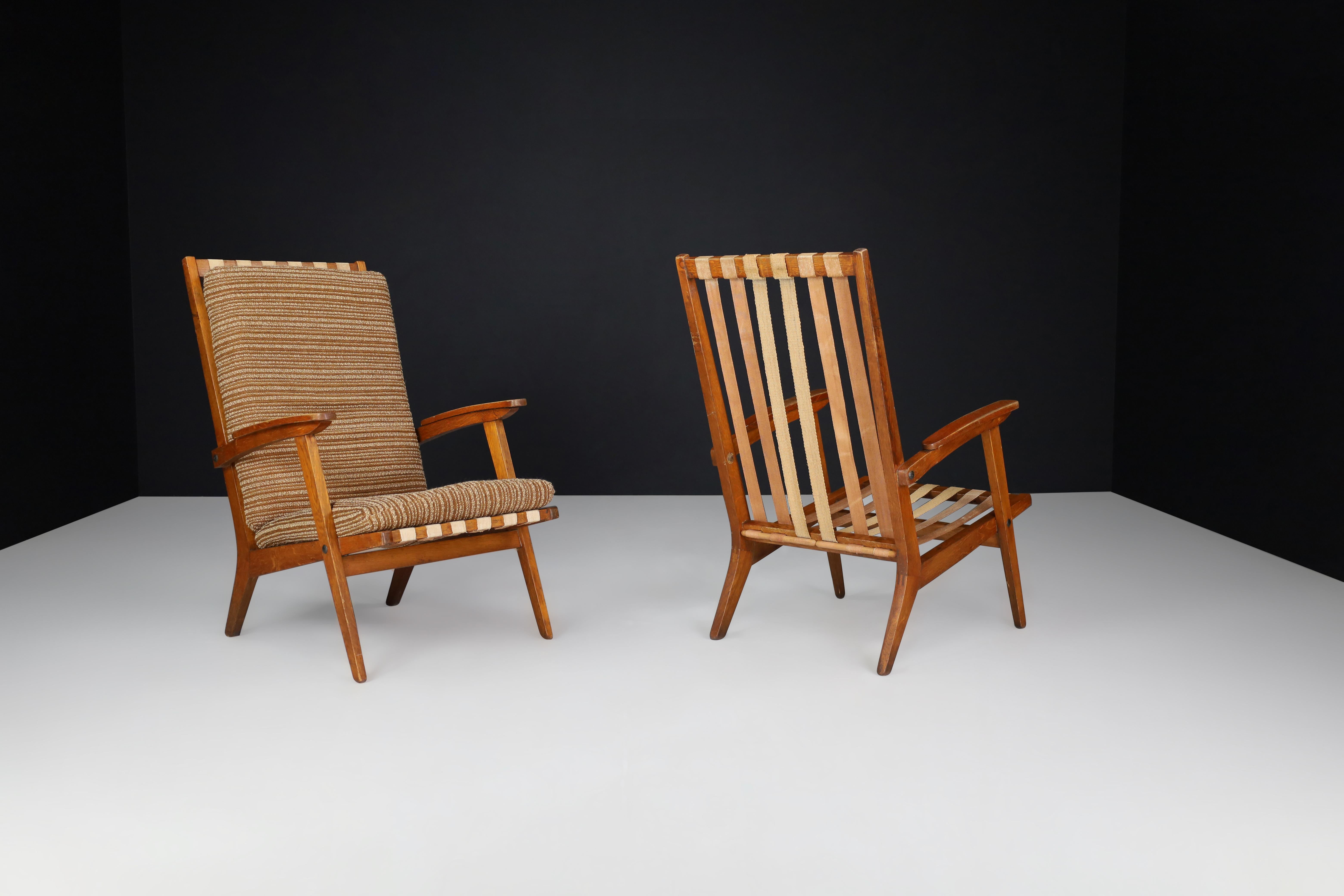 20th Century Oak Sculptural Lounge Chairs with Brown Upholstery, France, 1950s For Sale