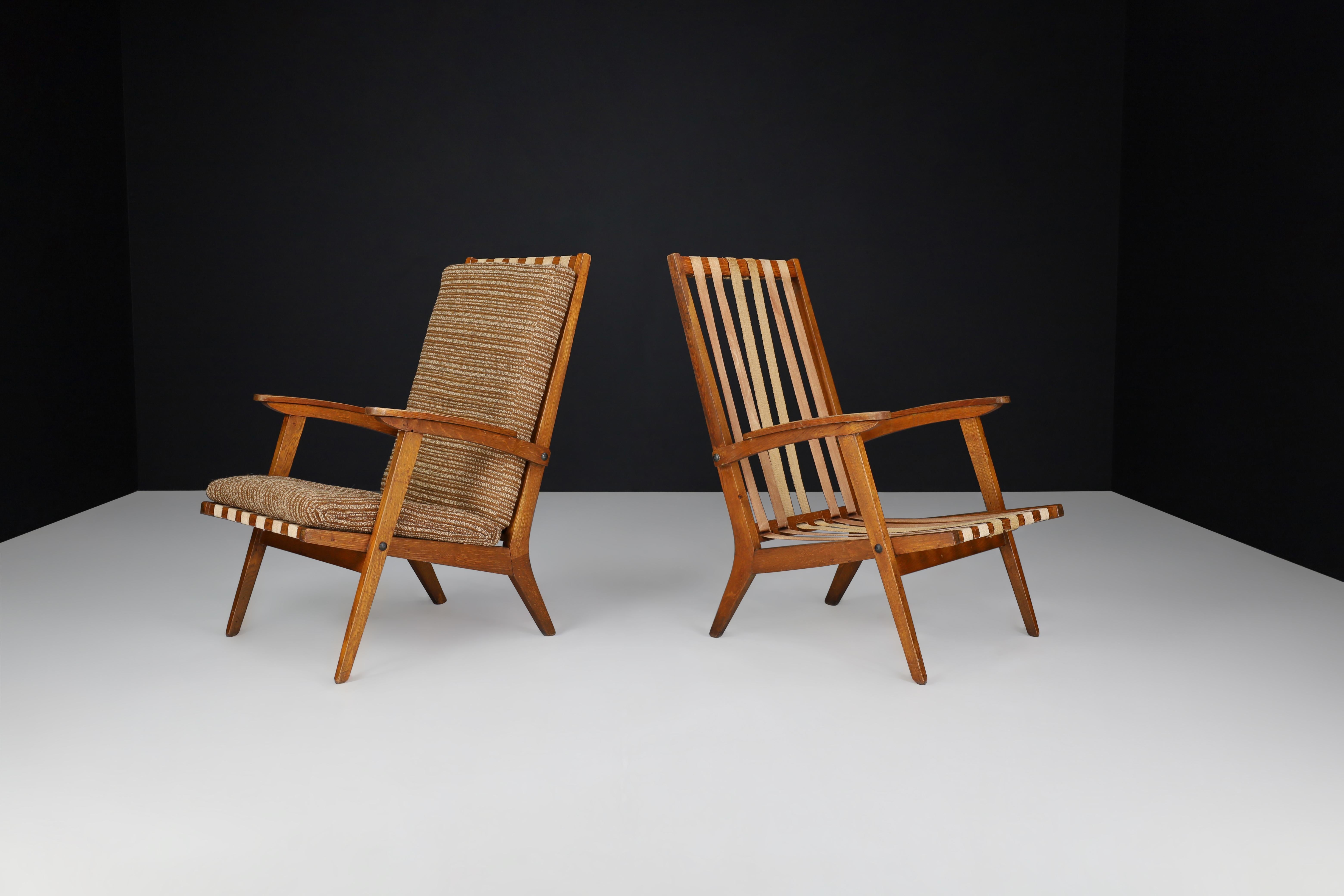 Oak Sculptural Lounge Chairs with Brown Upholstery, France, 1950s For Sale 1
