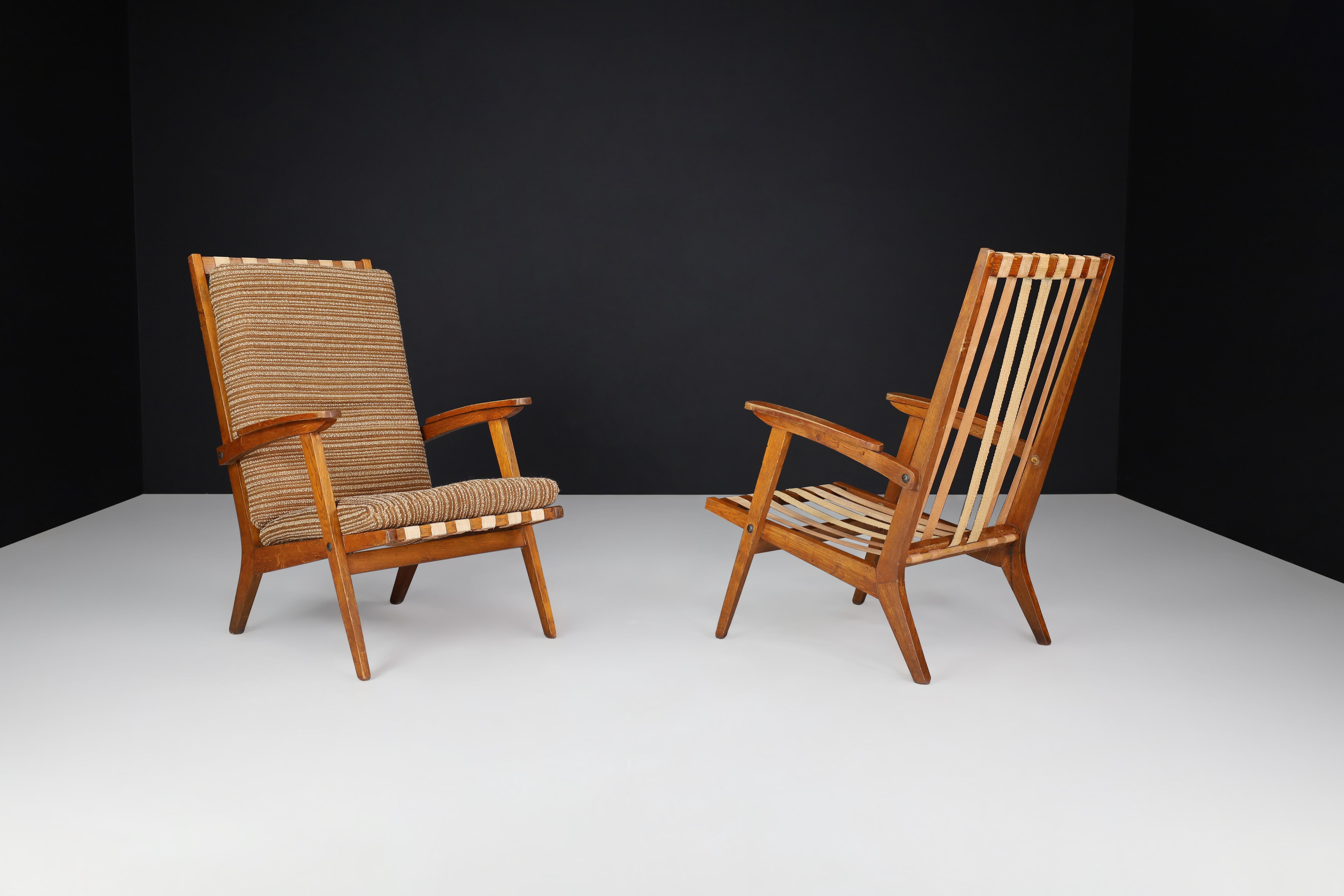Oak Sculptural Lounge Chairs with Brown Upholstery, France, 1950s For Sale 2