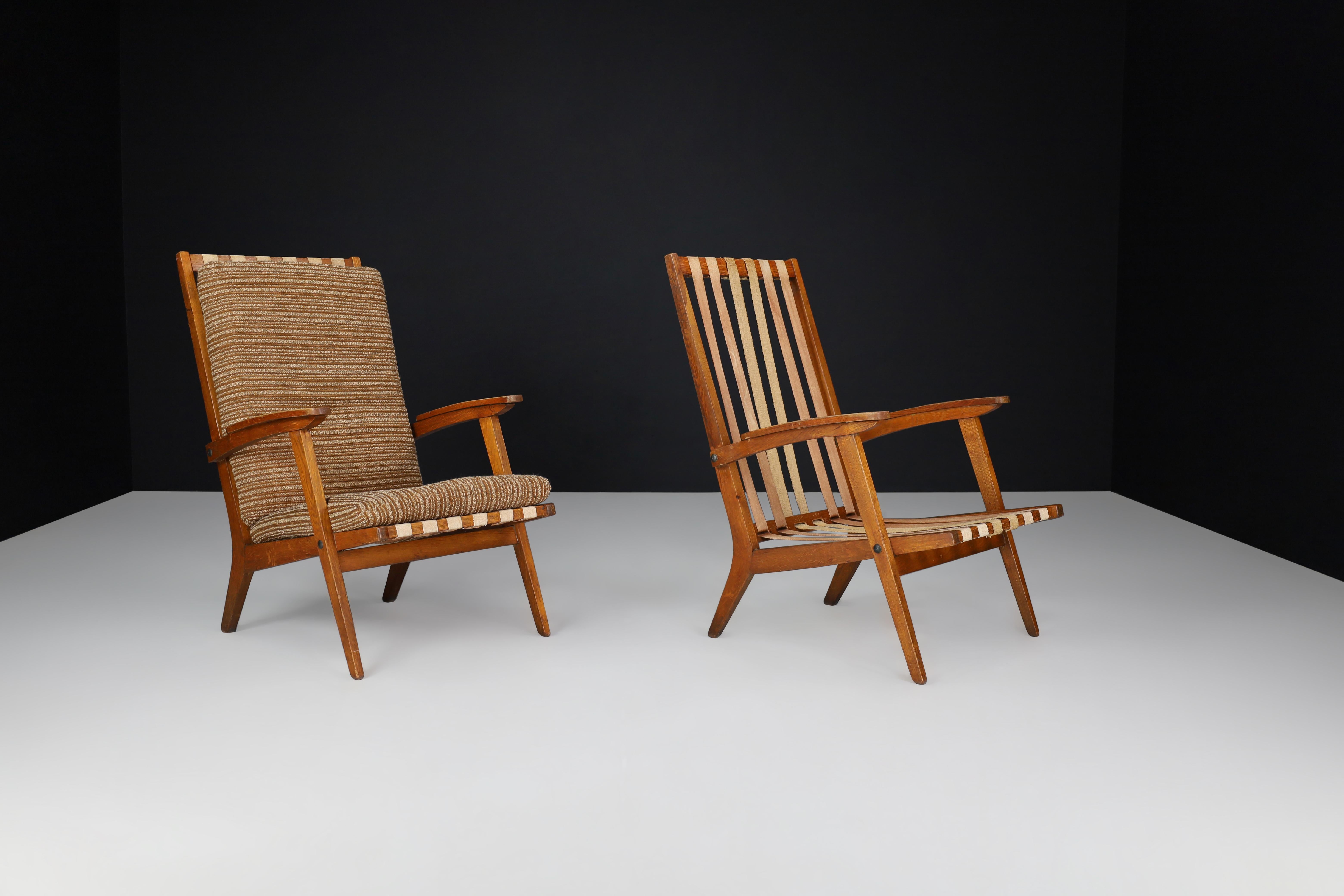 Oak Sculptural Lounge Chairs with Brown Upholstery, France, 1950s For Sale 3