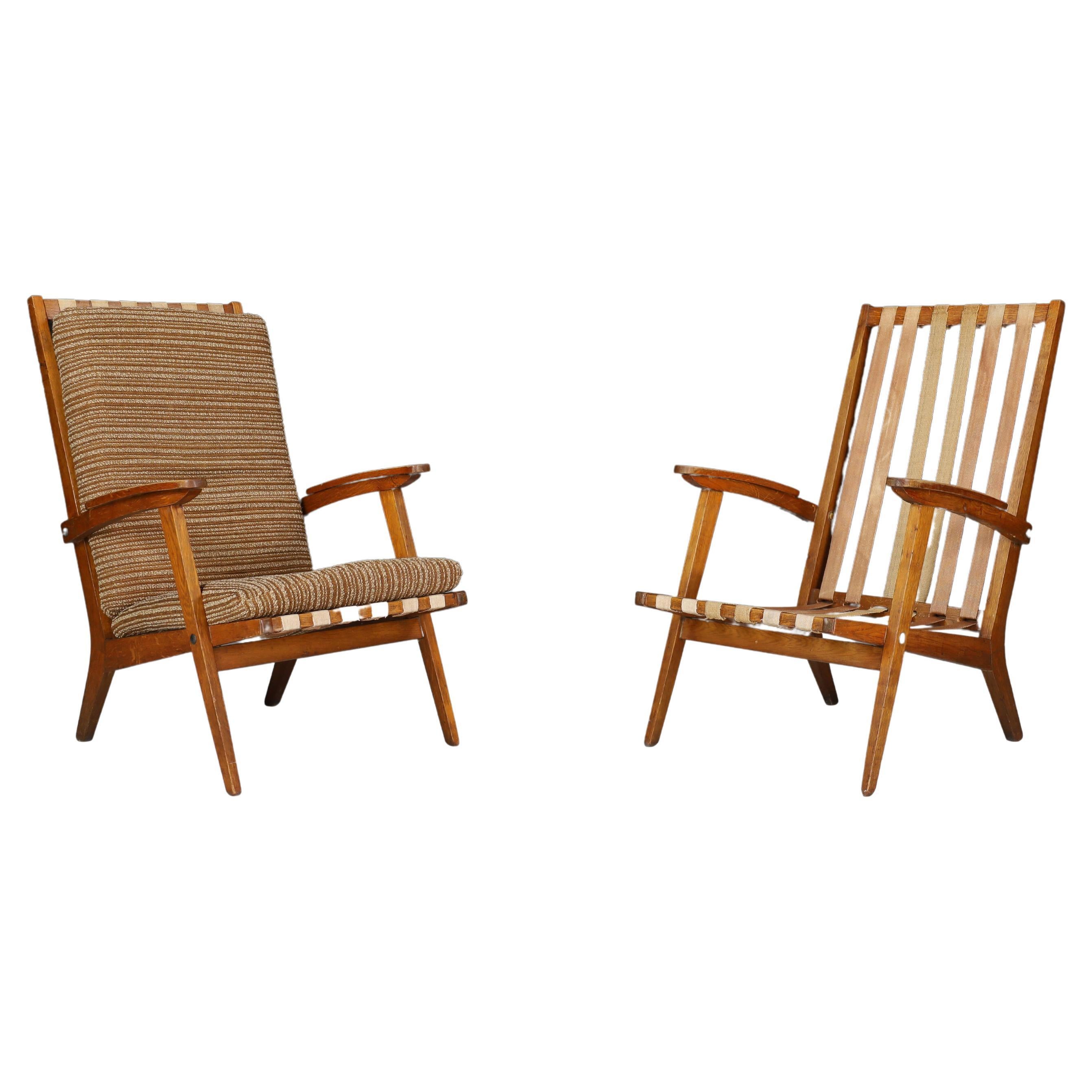 Oak Sculptural Lounge Chairs with Brown Upholstery, France, 1950s For Sale