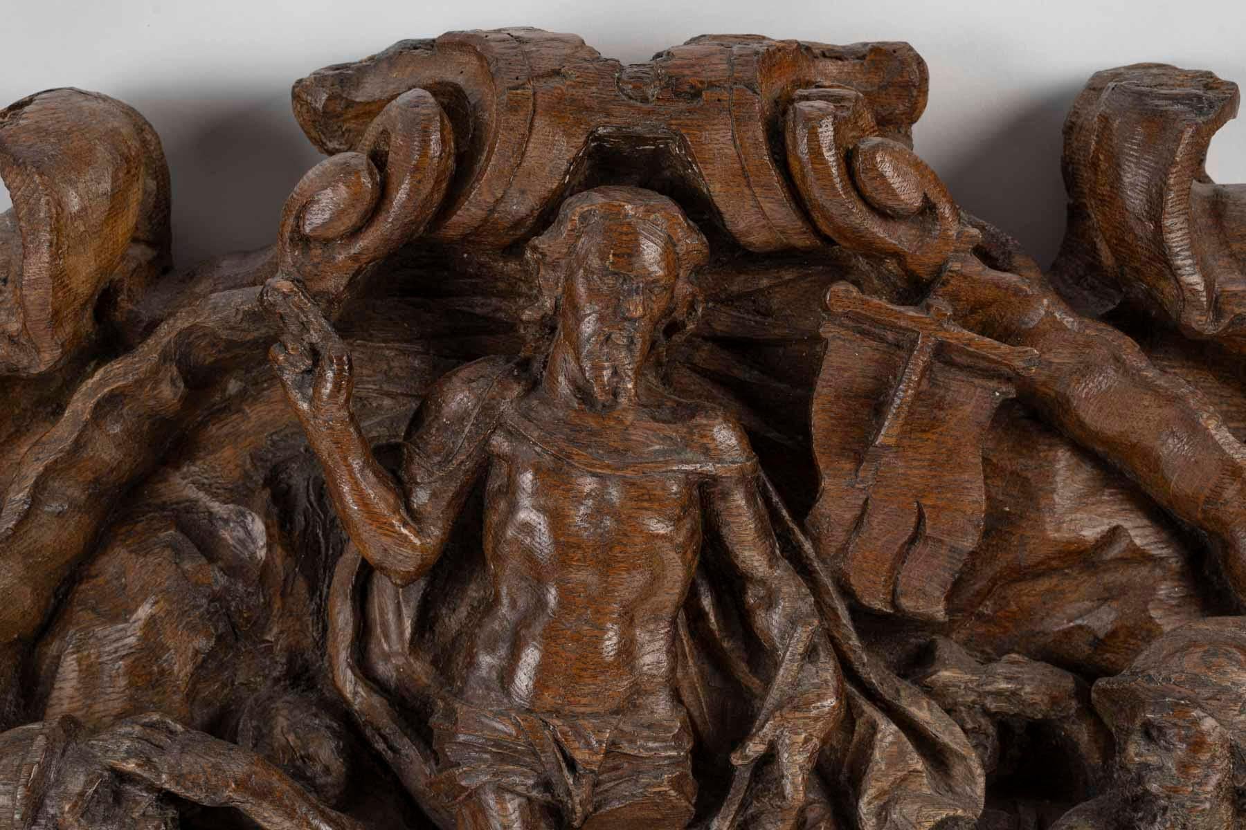 Scultura in legno di quercia intagliata raffigurante Cristo che esce dal sepolcro, circondato da soldati romani, XVII secolo.

Scultura di Cristo che esce dalla tomba, circondato da soldati romani, scultura in legno di quercia, Fiandre, XVII