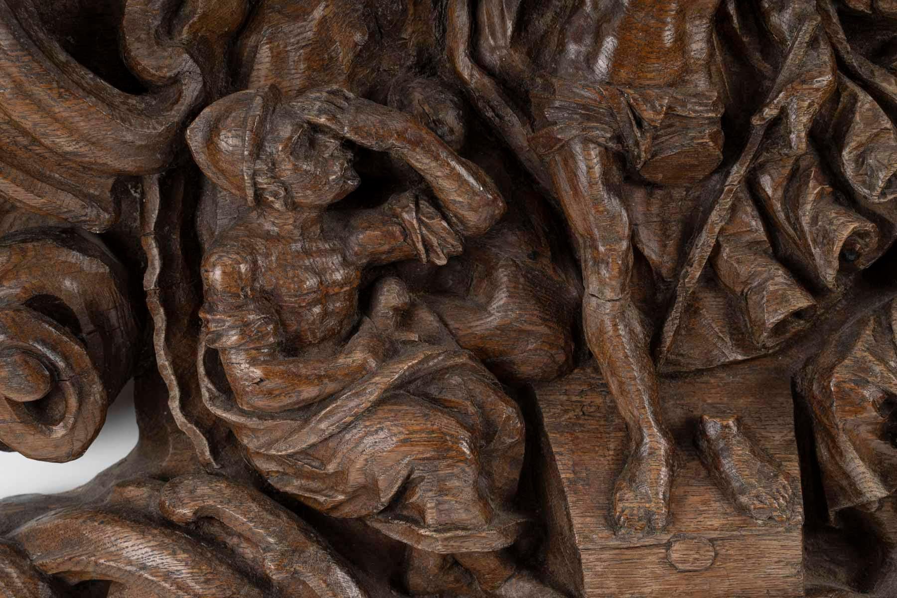 Rinascimento Scultura in Oak di Cristo che emerge dalla tomba, circondato da soldati romani. in vendita